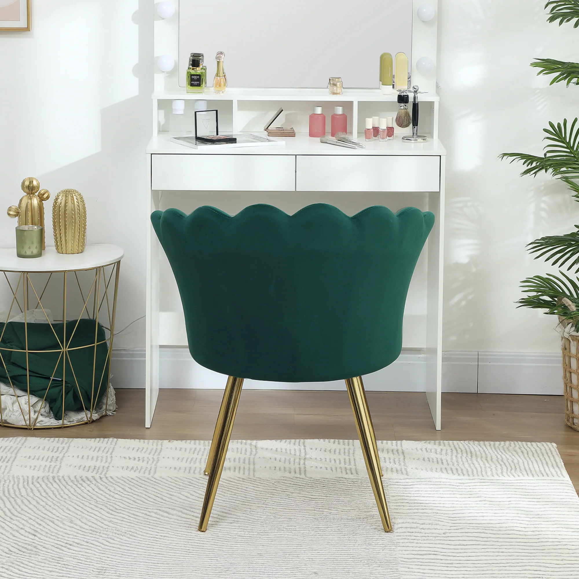 Fauteuil coquillage chaise coiffeuse fauteuil en velours fauteuil de salon avec pieds en métal doré pour salon chambre et salle à manger 67l x 64P x 77H cm vert - Image 8