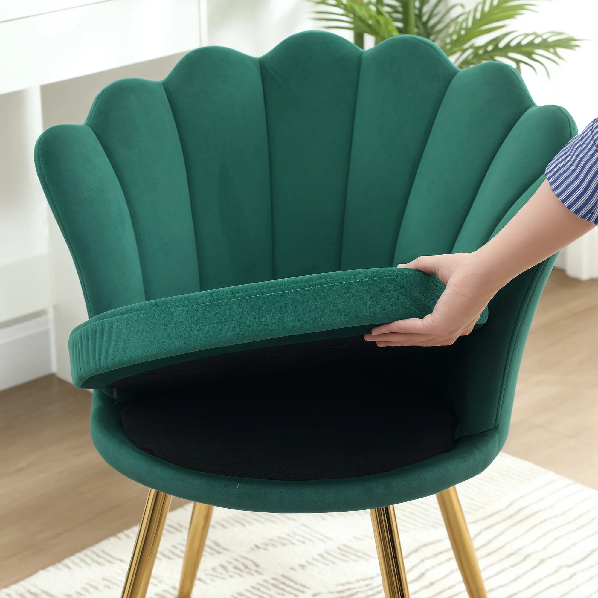 Fauteuil coquillage chaise coiffeuse fauteuil en velours fauteuil de salon avec pieds en métal doré pour salon chambre et salle à manger 67l x 64P x 77H cm vert - Image 9