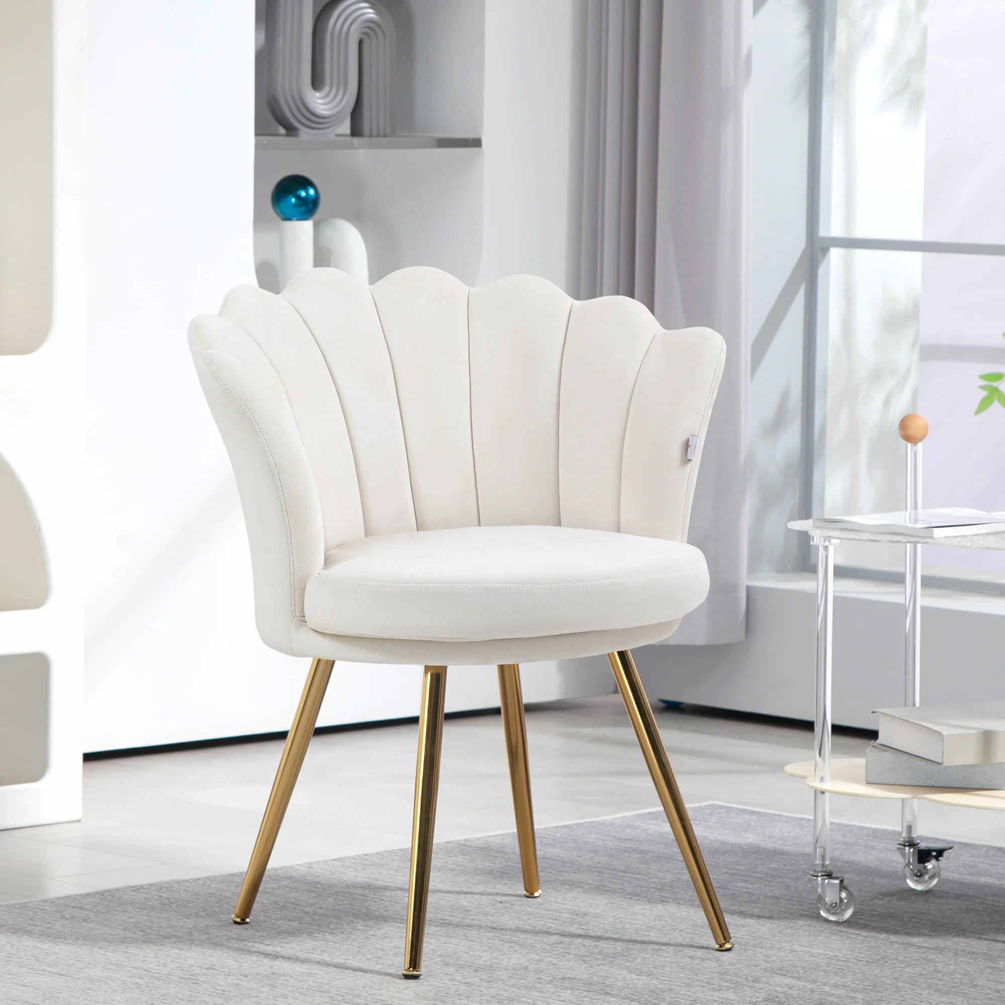 Fauteuil coquillage chaise coiffeuse fauteuil en velours fauteuil de salon avec pieds en métal doré pour salon chambre et salle à manger 67l x 64P x 77H cm crème - Image 3