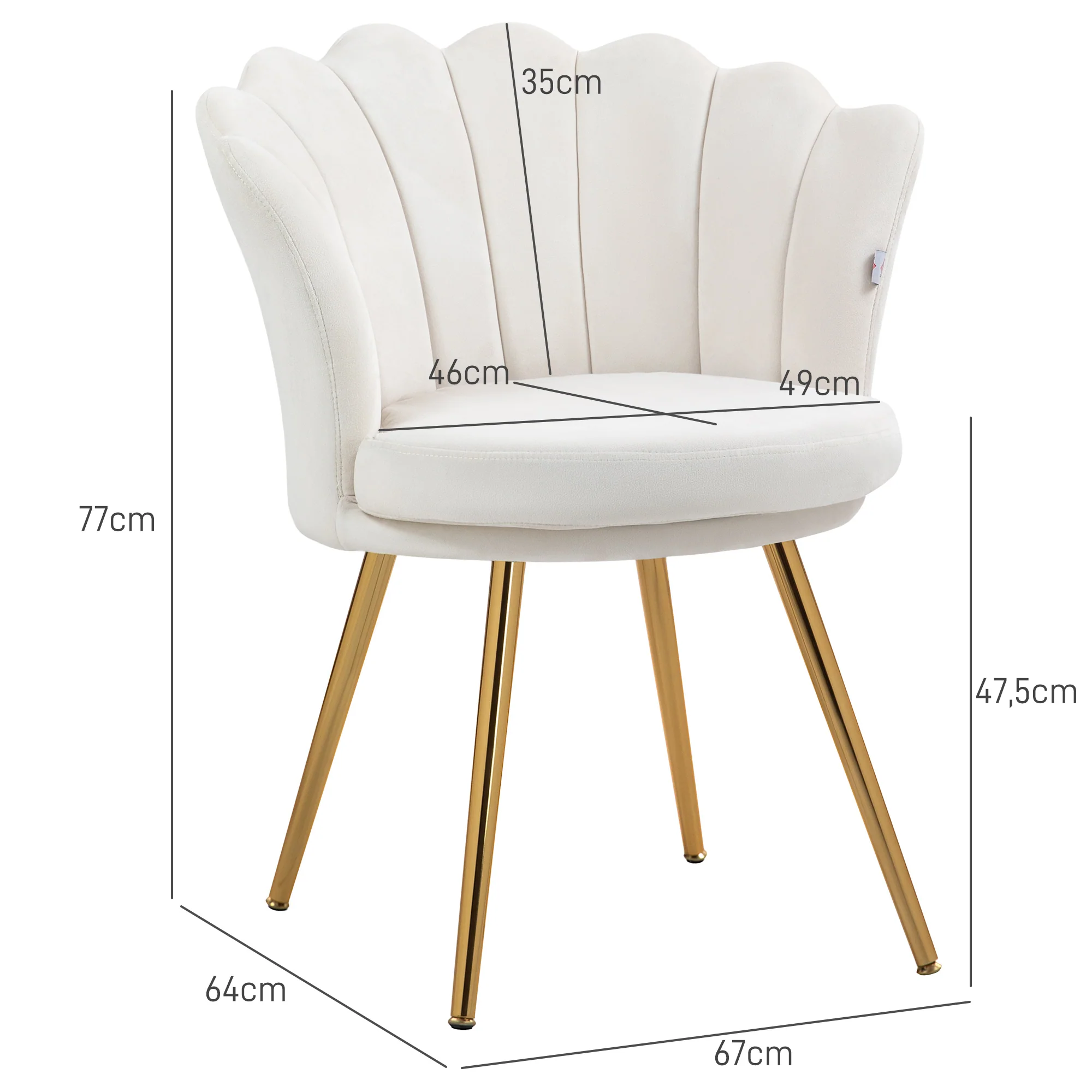 Fauteuil coquillage chaise coiffeuse fauteuil en velours fauteuil de salon avec pieds en métal doré pour salon chambre et salle à manger 67l x 64P x 77H cm crème - Image 4