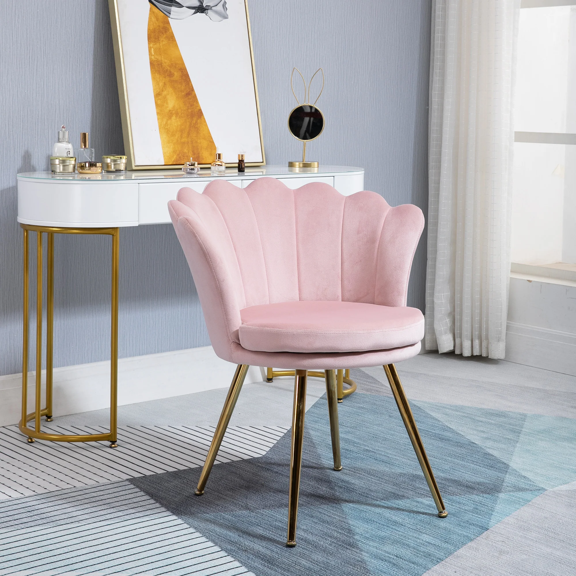 Fauteuil coquillage chaise coiffeuse fauteuil en velours fauteuil de salon avec pieds en métal doré pour salon chambre et salle à manger 67l x 64P x 77H cm rose poudré - Image 3