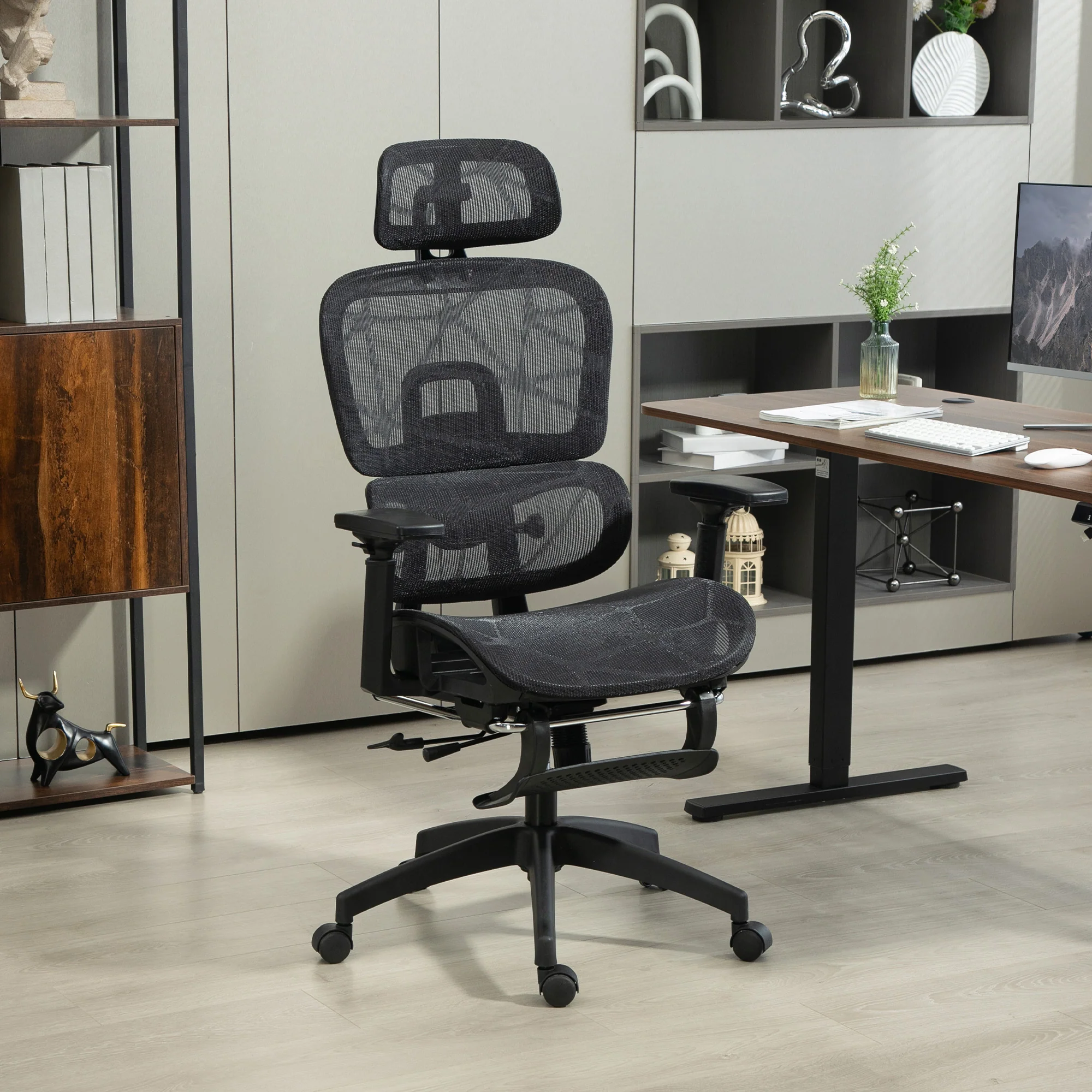 Fauteuil de bureau avec accoudoirs 3D, chaise de bureau ergonomique en maille, hauteur réglable, dossier inclinable, support lombaire, appui-tête et repose-pieds, pour chambre télétravail, noir - Image 3