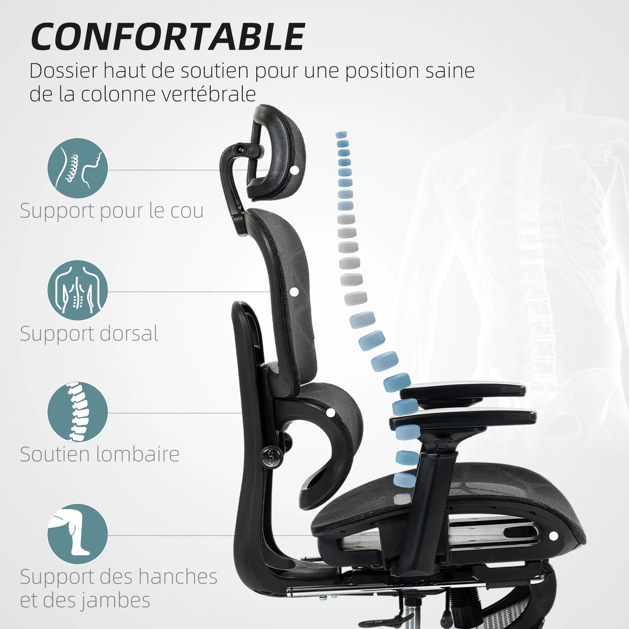 Fauteuil de bureau avec accoudoirs 3D, chaise de bureau ergonomique en maille, hauteur réglable, dossier inclinable, support lombaire, appui-tête et repose-pieds, pour chambre télétravail, noir - Image 5