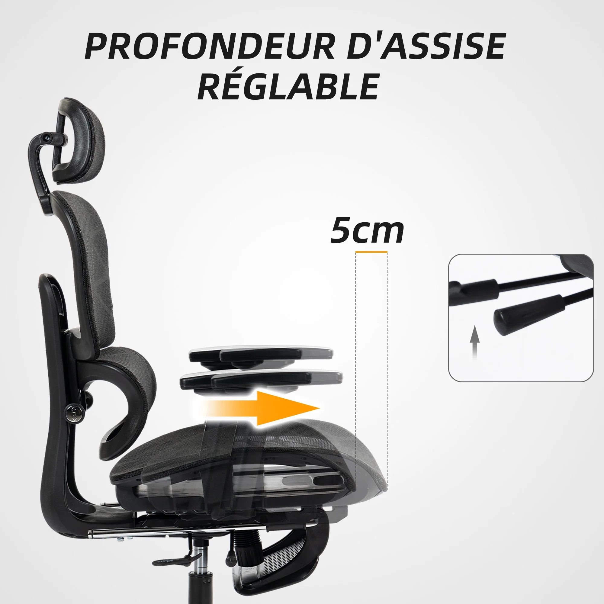 Fauteuil de bureau avec accoudoirs 3D, chaise de bureau ergonomique en maille, hauteur réglable, dossier inclinable, support lombaire, appui-tête et repose-pieds, pour chambre télétravail, noir - Image 6