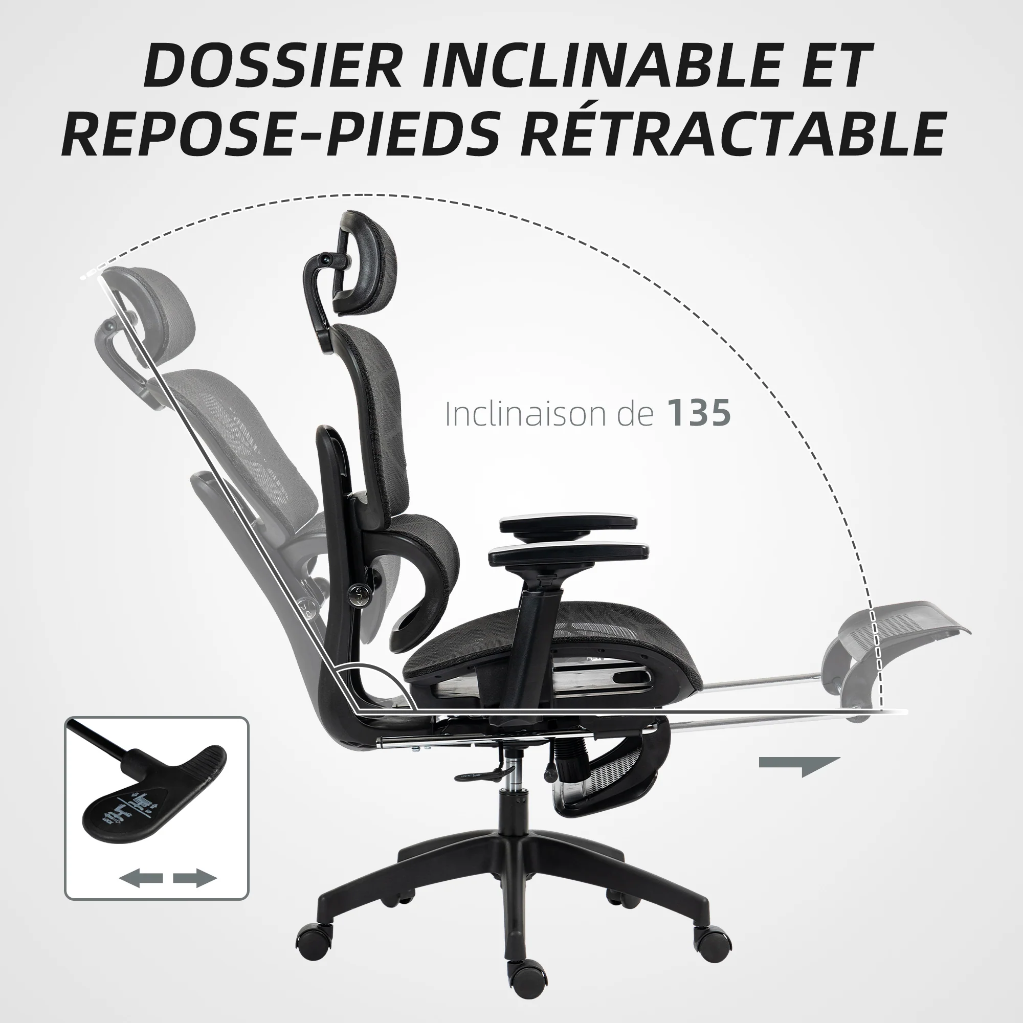Fauteuil de bureau avec accoudoirs 3D, chaise de bureau ergonomique en maille, hauteur réglable, dossier inclinable, support lombaire, appui-tête et repose-pieds, pour chambre télétravail, noir - Image 7