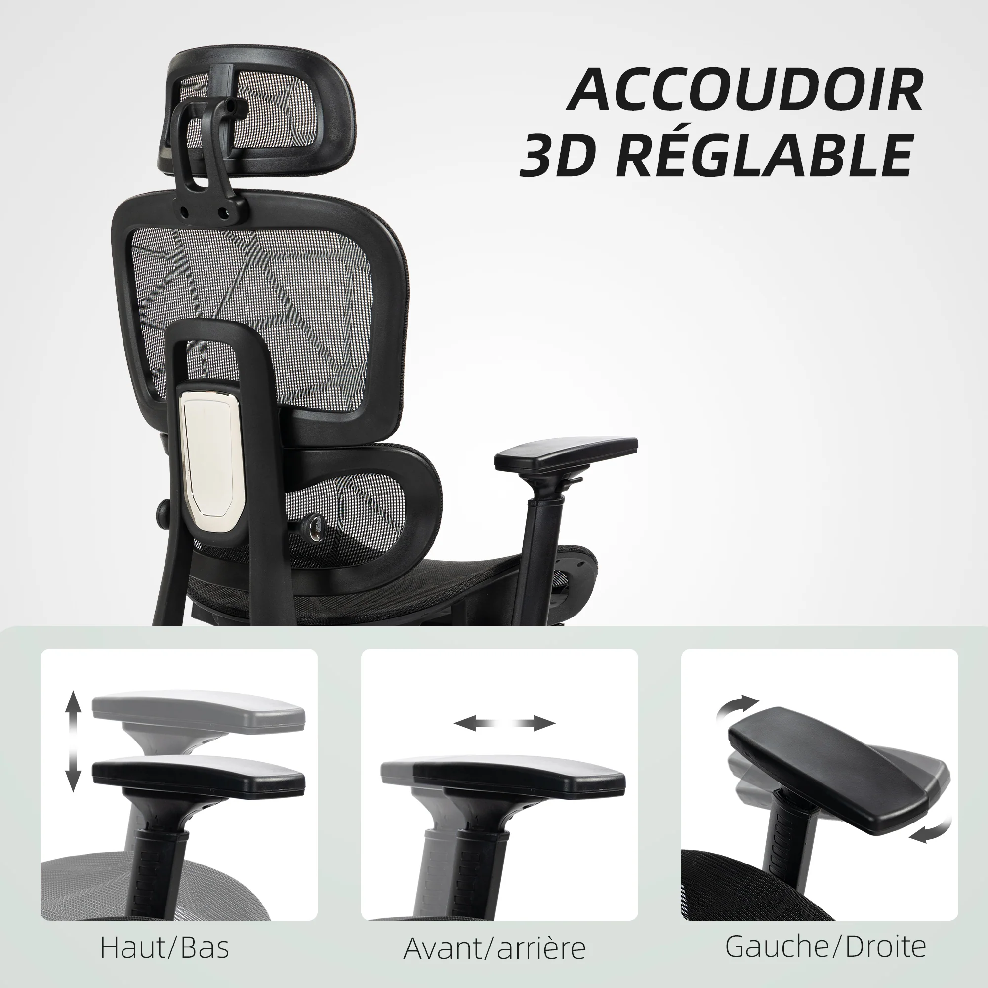 Fauteuil de bureau avec accoudoirs 3D, chaise de bureau ergonomique en maille, hauteur réglable, dossier inclinable, support lombaire, appui-tête et repose-pieds, pour chambre télétravail, noir - Image 8