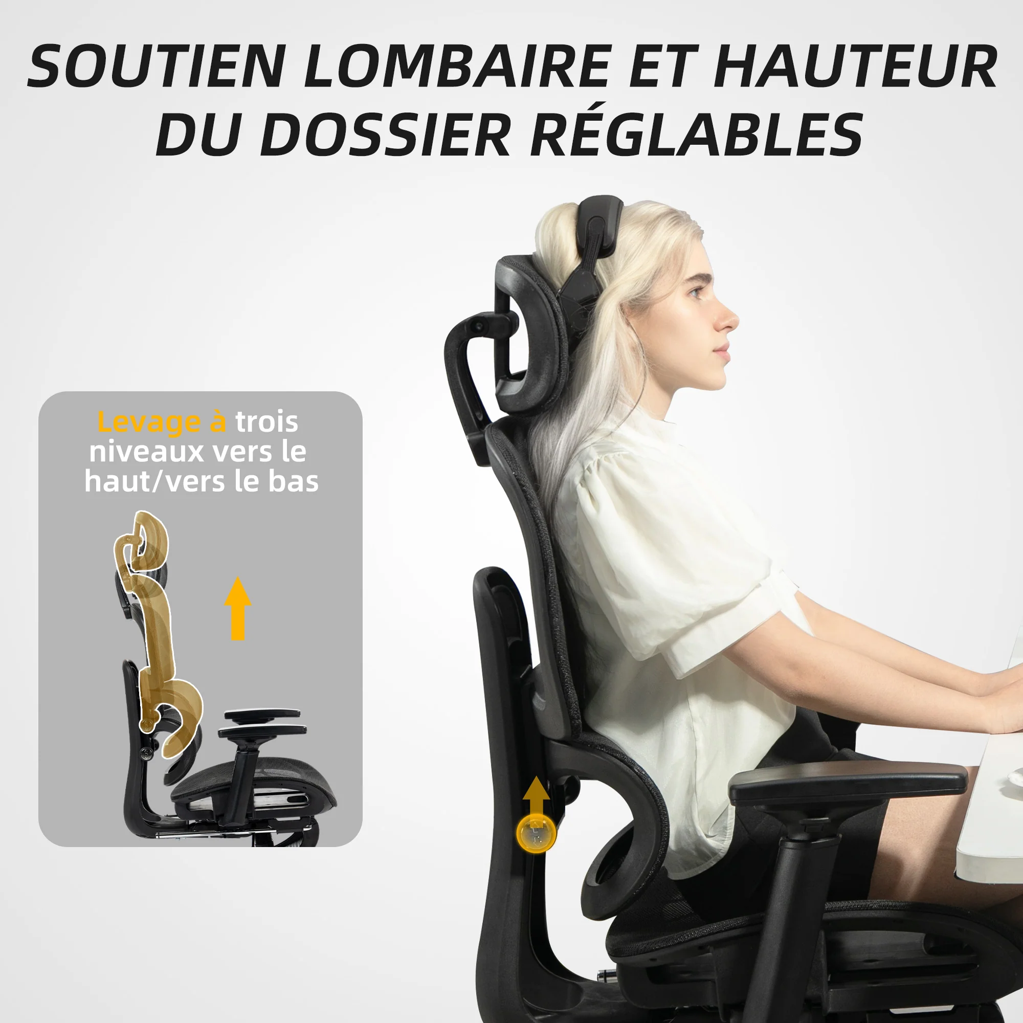 Fauteuil de bureau avec accoudoirs 3D, chaise de bureau ergonomique en maille, hauteur réglable, dossier inclinable, support lombaire, appui-tête et repose-pieds, pour chambre télétravail, noir - Image 9
