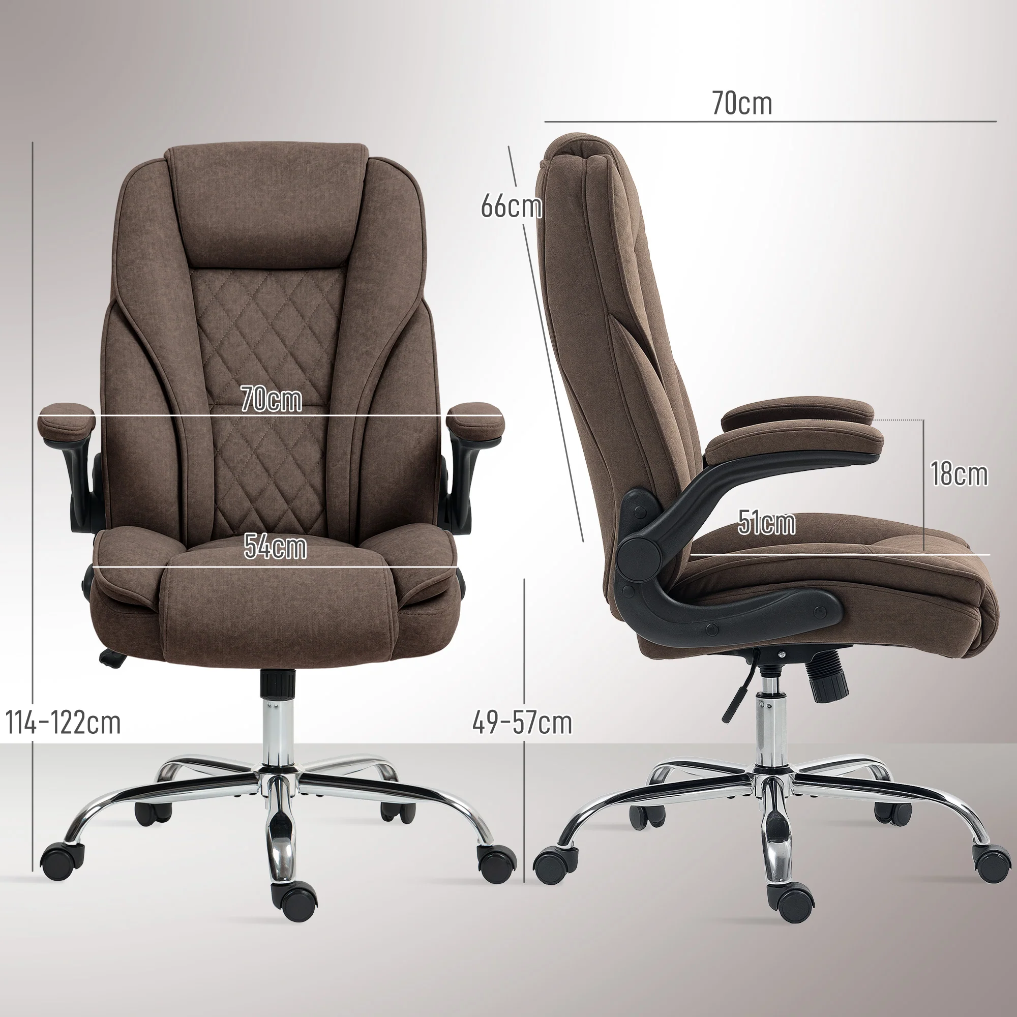 Fauteuil de bureau, chaise bureau ergonomique avec large assise rembourrée, hauteur réglable, accoudoirs relevables, dossier haut, pivotant 360°, tissu en velours, charge 135 Kg, marron - Image 4