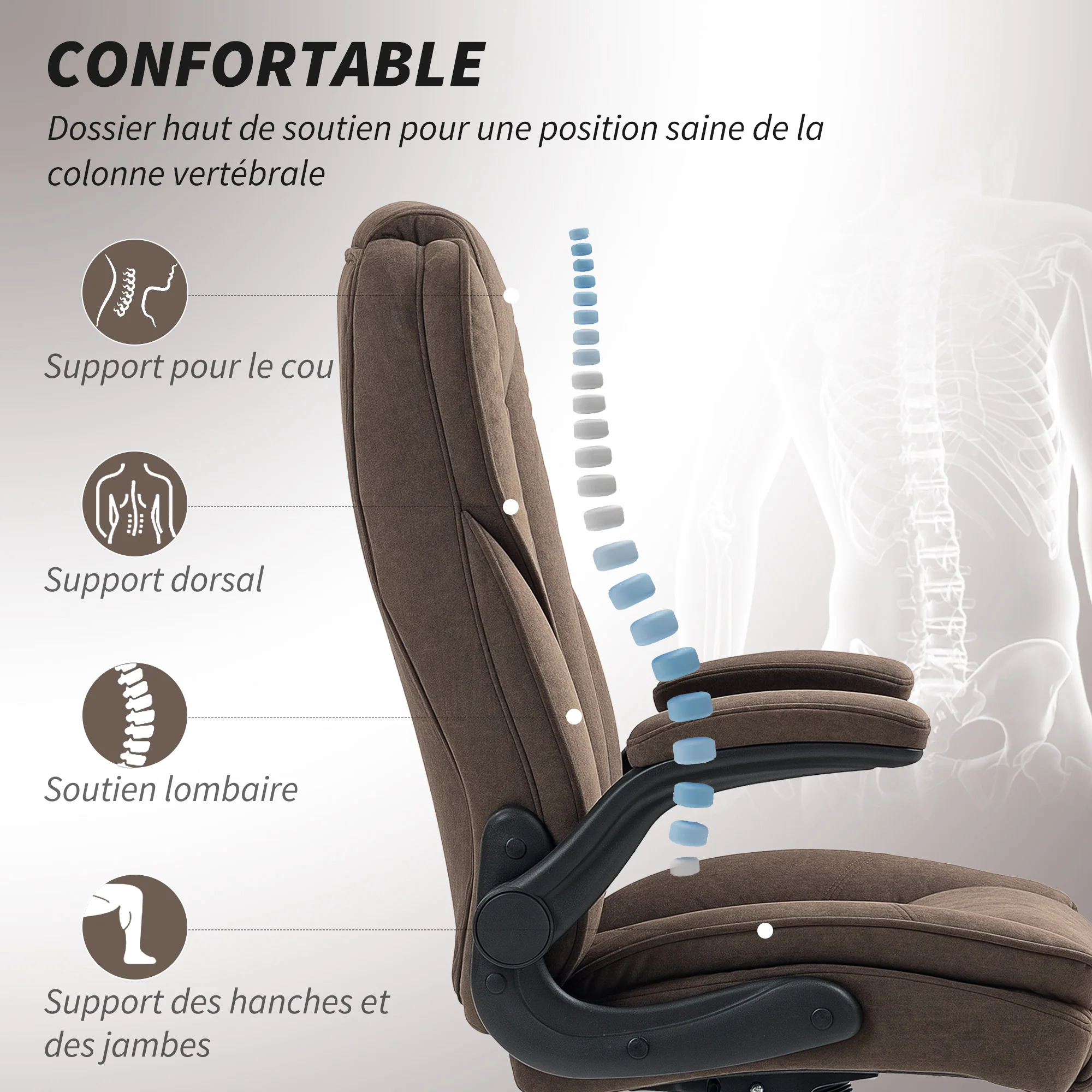 Fauteuil de bureau, chaise bureau ergonomique avec large assise rembourrée, hauteur réglable, accoudoirs relevables, dossier haut, pivotant 360°, tissu en velours, charge 135 Kg, marron - Image 5