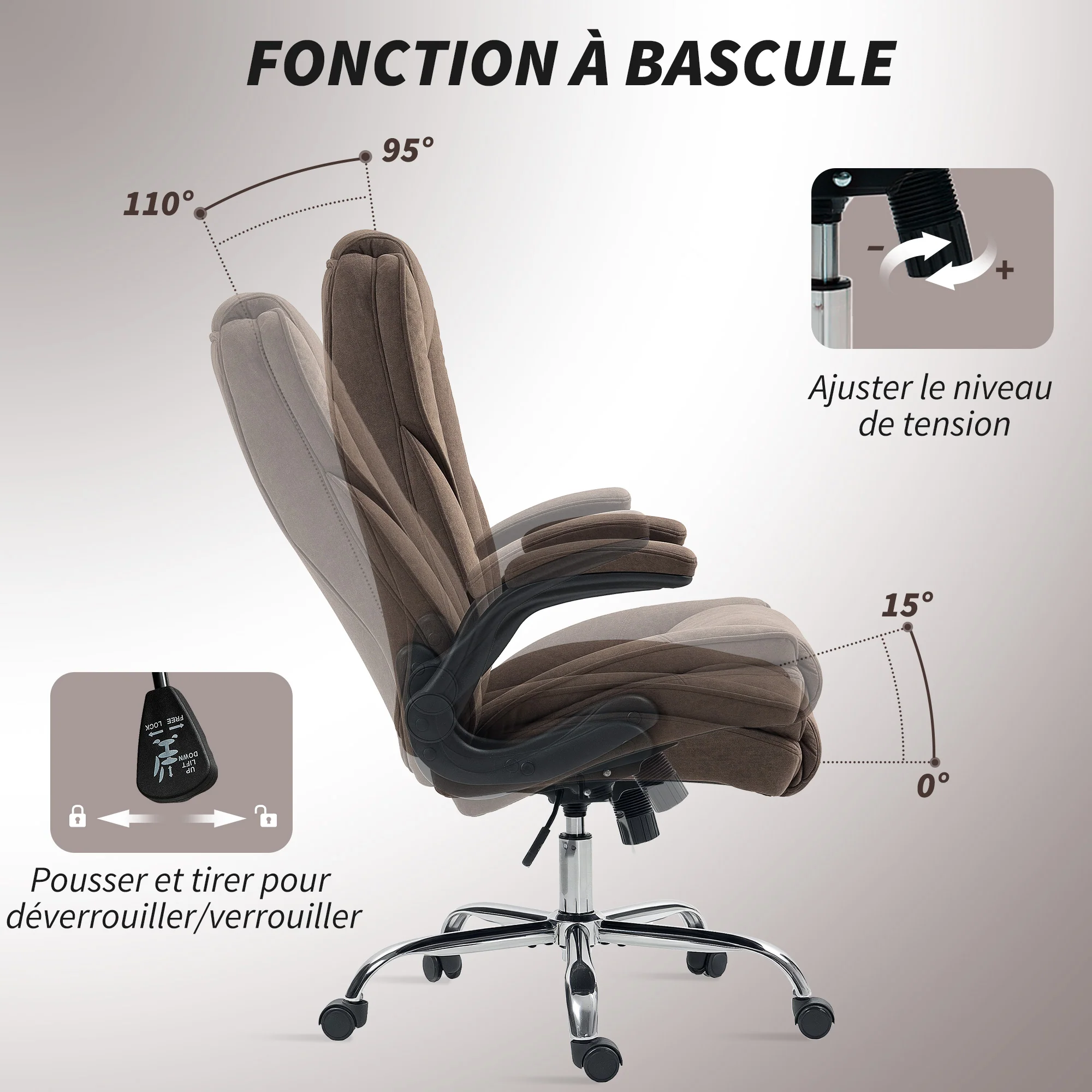 Fauteuil de bureau, chaise bureau ergonomique avec large assise rembourrée, hauteur réglable, accoudoirs relevables, dossier haut, pivotant 360°, tissu en velours, charge 135 Kg, marron - Image 7