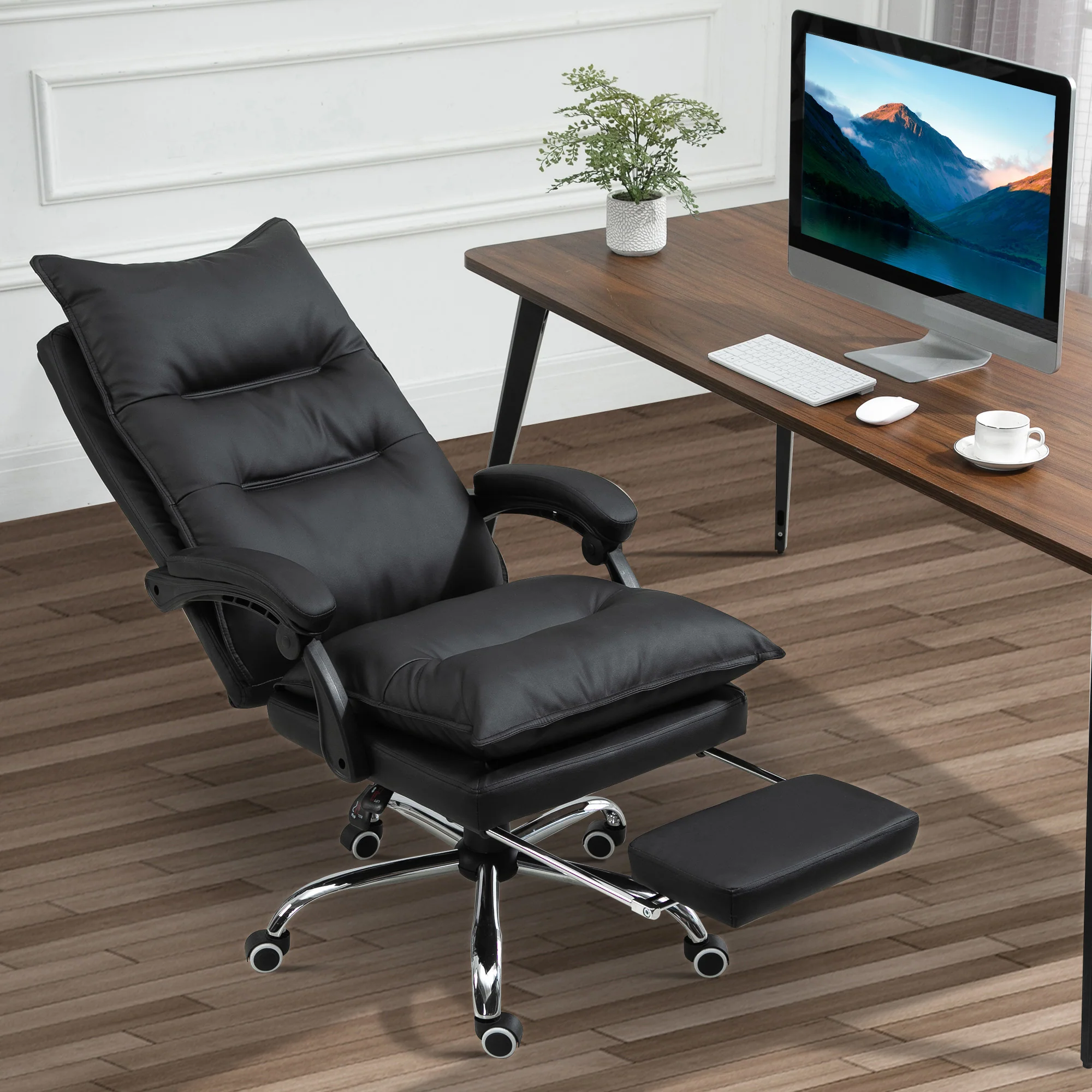 Fauteuil de bureau, chaise bureau ergonomique en similicuir avec large assise rembourrée, dossier inclinable, hauteur réglable, accoudoirs et repose-pied intégrés, charge 135 Kg, noir - Image 10