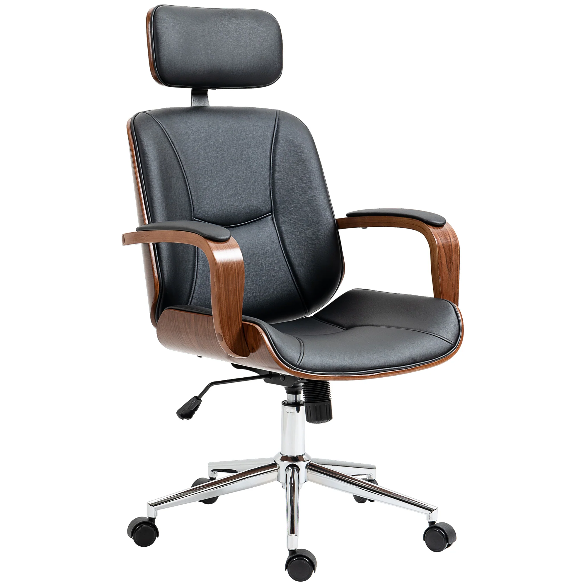 Fauteuil de bureau, chaise de bureau ergonomique avec appui-tête amovible, hauteur réglable et fonction de bascule, pour chambre, télétravail, charge 120 Kg, cuir synthétique, noir et noyer