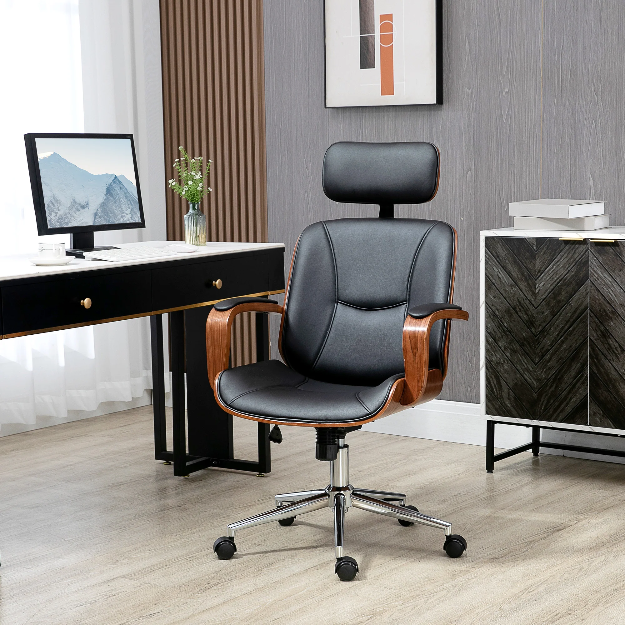 Fauteuil de bureau, chaise de bureau ergonomique avec appui-tête amovible, hauteur réglable et fonction de bascule, pour chambre, télétravail, charge 120 Kg, cuir synthétique, noir et noyer - Image 3