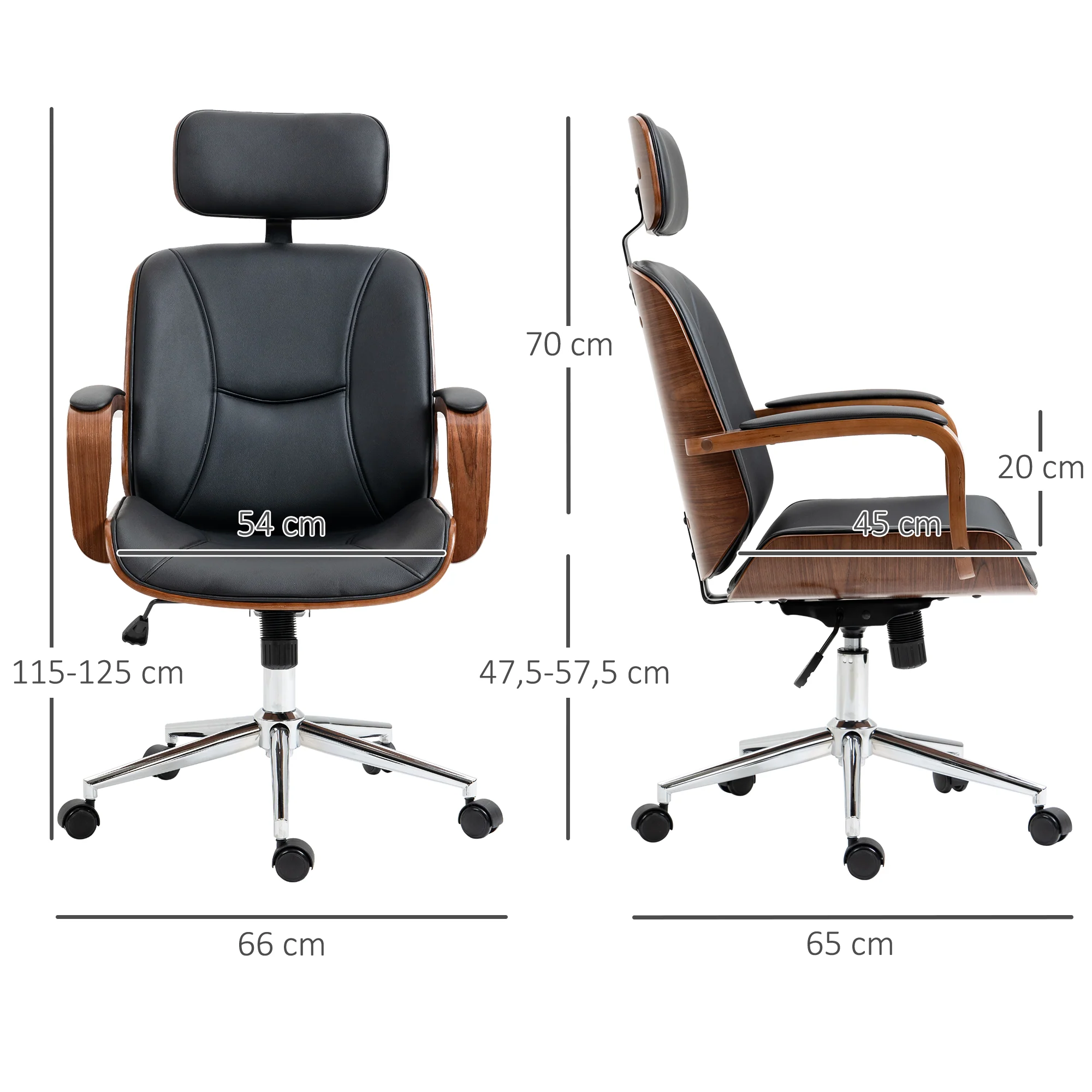 Fauteuil de bureau, chaise de bureau ergonomique avec appui-tête amovible, hauteur réglable et fonction de bascule, pour chambre, télétravail, charge 120 Kg, cuir synthétique, noir et noyer - Image 4