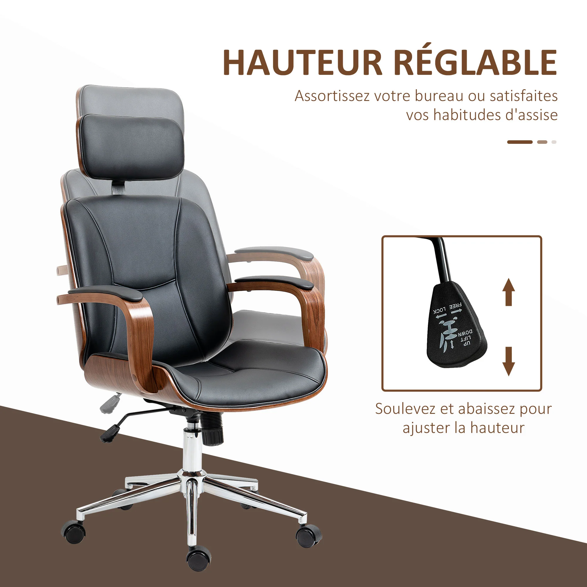 Fauteuil de bureau, chaise de bureau ergonomique avec appui-tête amovible, hauteur réglable et fonction de bascule, pour chambre, télétravail, charge 120 Kg, cuir synthétique, noir et noyer - Image 5