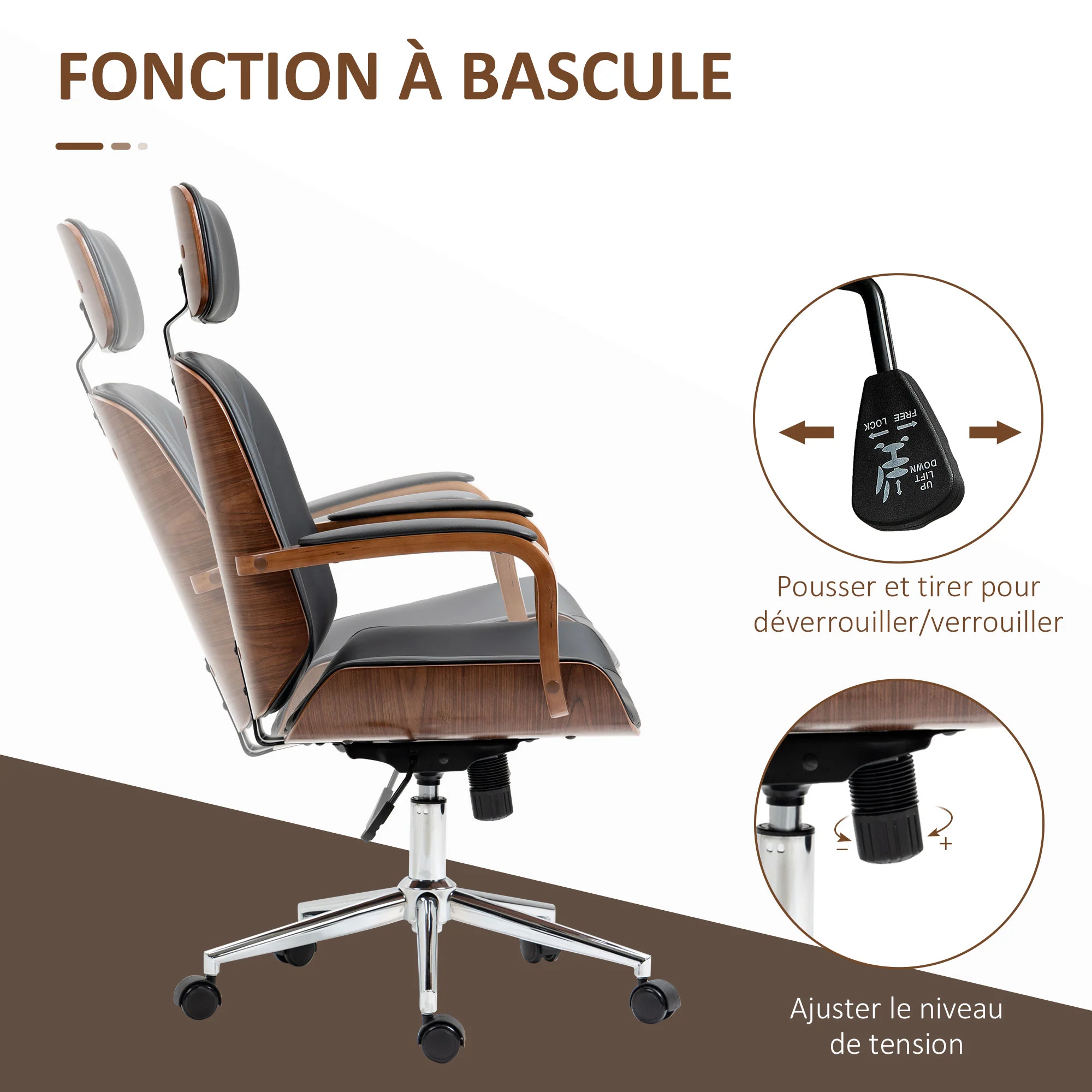 Fauteuil de bureau, chaise de bureau ergonomique avec appui-tête amovible, hauteur réglable et fonction de bascule, pour chambre, télétravail, charge 120 Kg, cuir synthétique, noir et noyer - Image 6