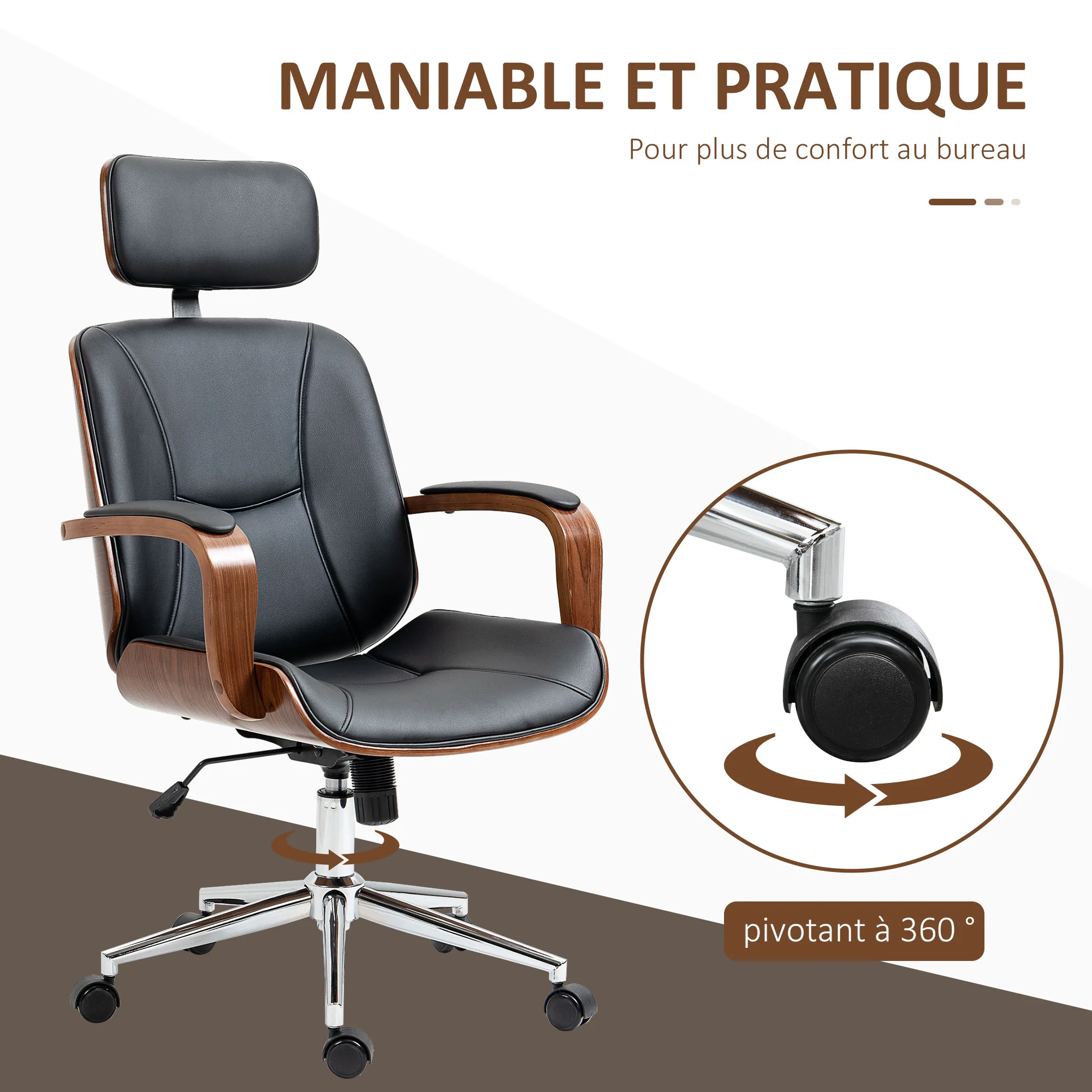 Fauteuil de bureau, chaise de bureau ergonomique avec appui-tête amovible, hauteur réglable et fonction de bascule, pour chambre, télétravail, charge 120 Kg, cuir synthétique, noir et noyer - Image 7