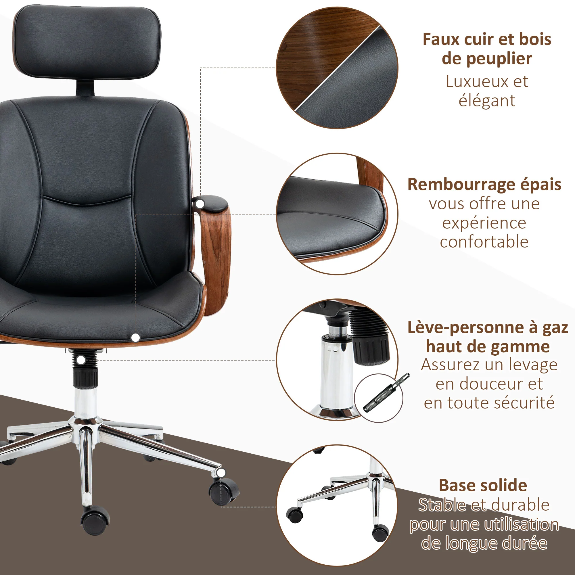 Fauteuil de bureau, chaise de bureau ergonomique avec appui-tête amovible, hauteur réglable et fonction de bascule, pour chambre, télétravail, charge 120 Kg, cuir synthétique, noir et noyer - Image 8