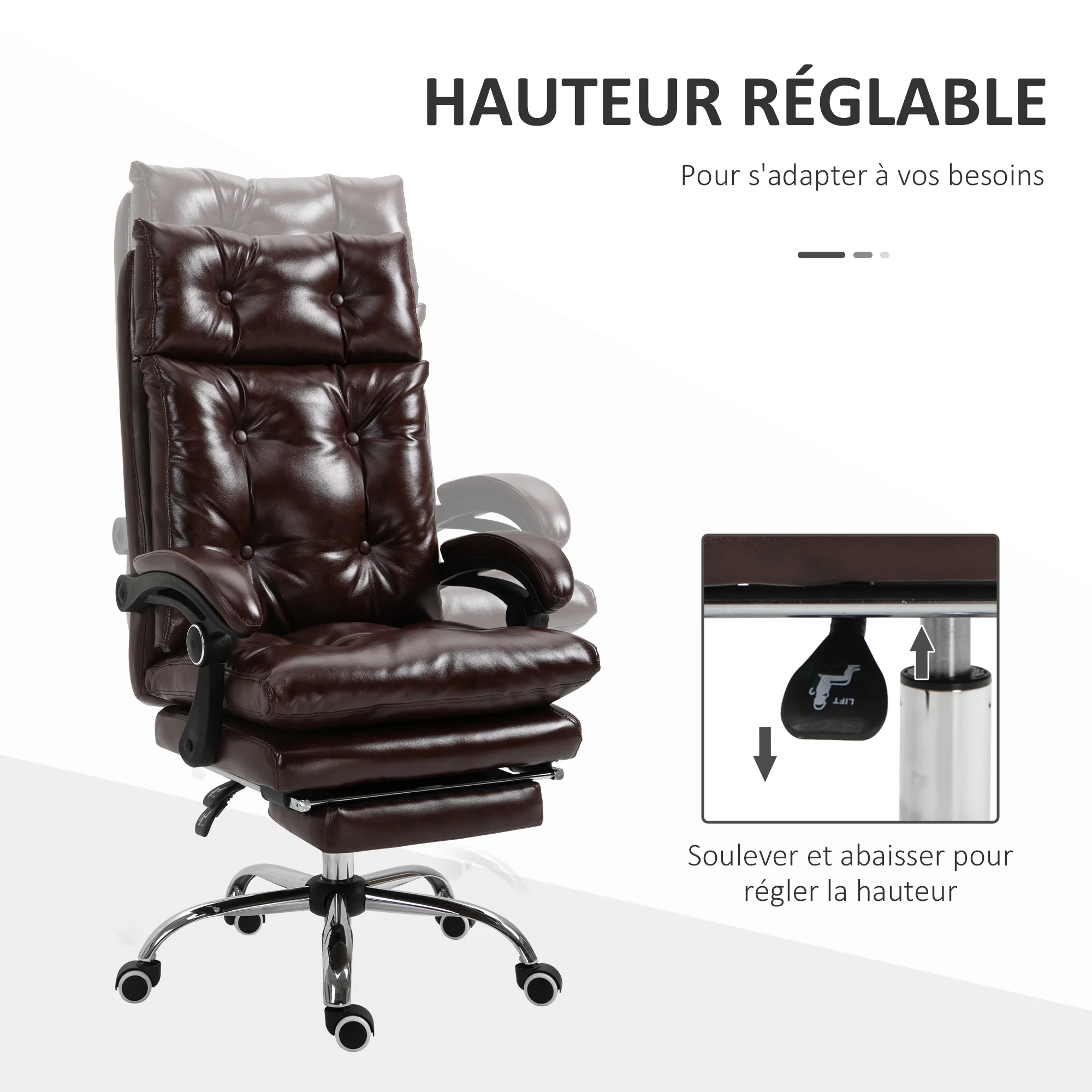 Fauteuil de bureau, chaise de bureau ergonomique avec hauteur réglable, dossier inclinable et repose-pied rétractable et pivotant à 360°, cuir synthétique, pour chambre, télétravail, marron - Image 5