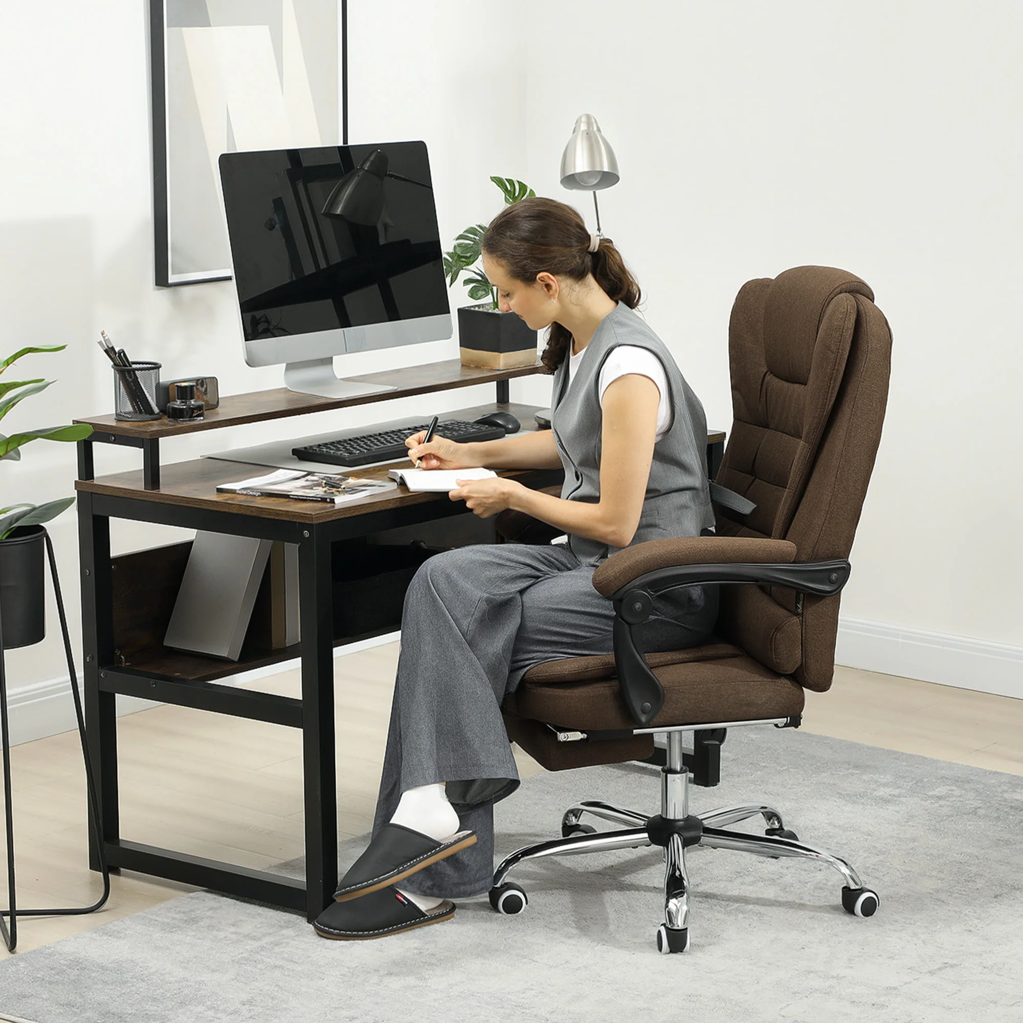 Fauteuil de bureau, chaise de bureau ergonomique avec hauteur réglable, dossier inclinable et repose-pied, tissu aspect lin, pour chambre, télétravail, charge 120 Kg, marron - Image 3