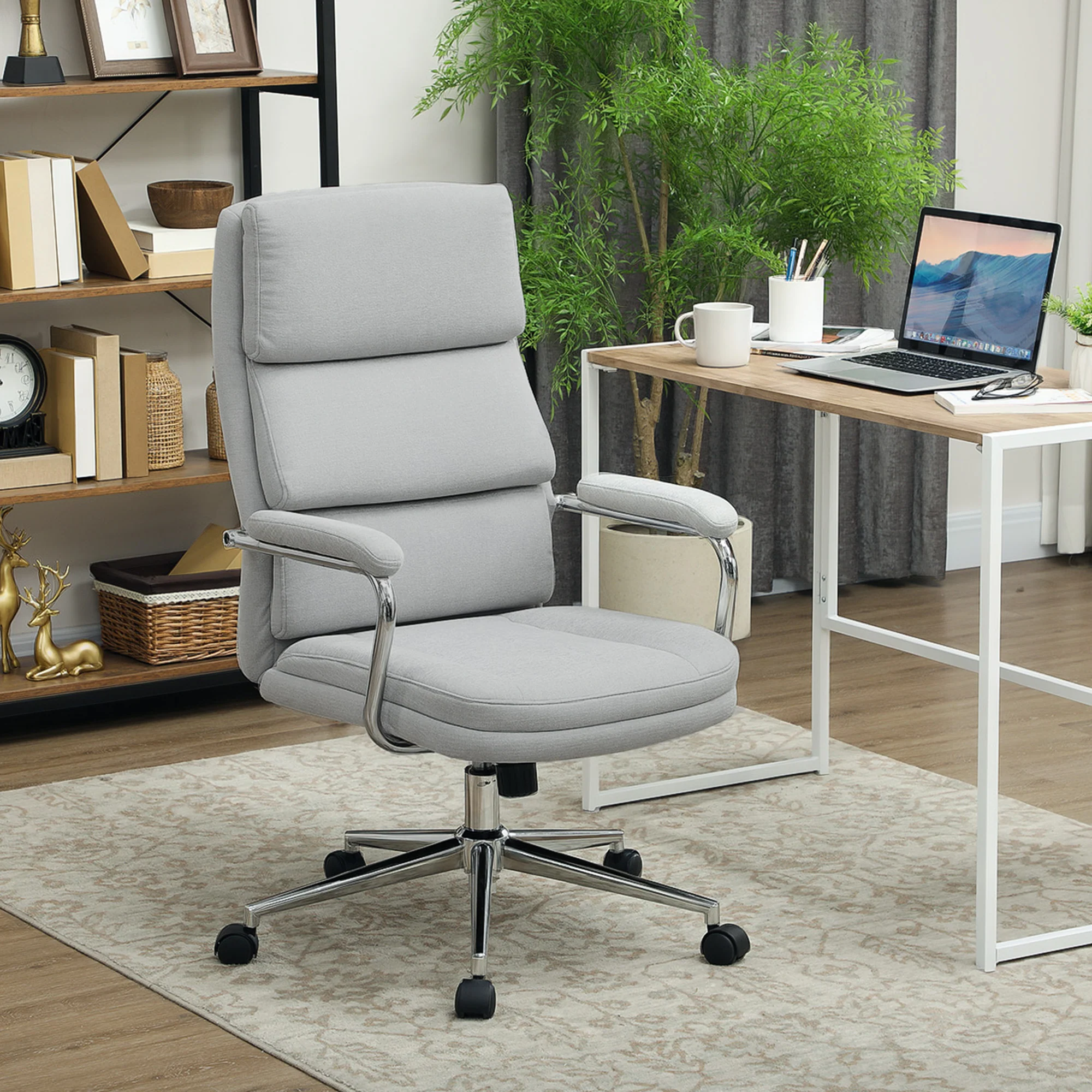 Fauteuil de bureau, chaise de bureau ergonomique avec hauteur réglable, fonction de bascule, tissu en lin, chaise d'ordinateur pour chambre, télétravail, charge 120 Kg, gris clair - Image 11