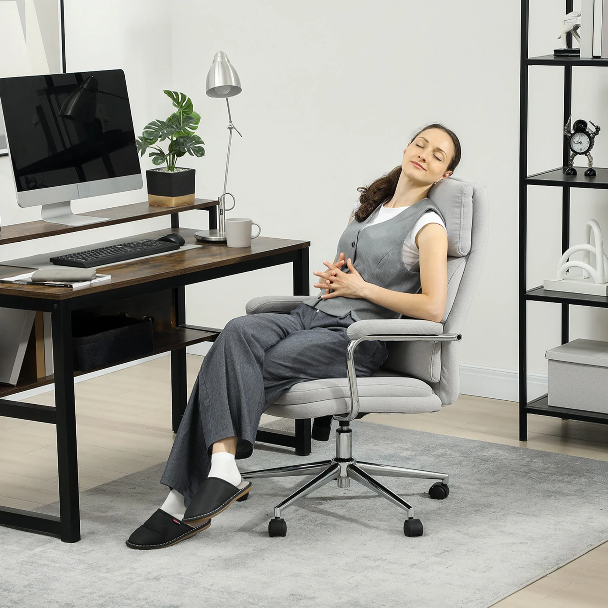 Fauteuil de bureau, chaise de bureau ergonomique avec hauteur réglable, fonction de bascule, tissu en lin, chaise d'ordinateur pour chambre, télétravail, charge 120 Kg, gris clair - Image 3