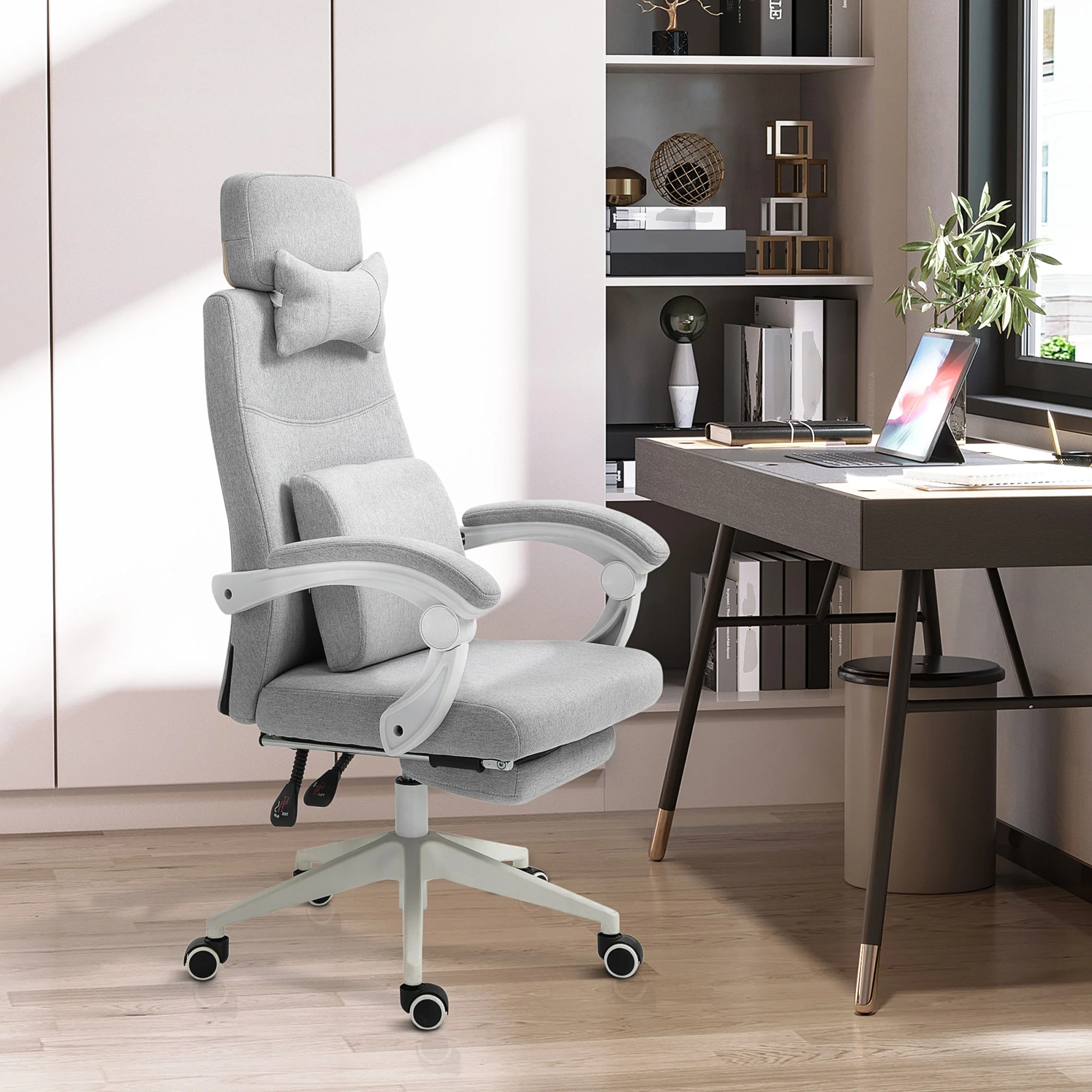 Fauteuil de bureau chaise de bureau grand confort dossier réglable repose-pied roulettes 360° lin 62 x 68 x 127 cm gris - Image 3