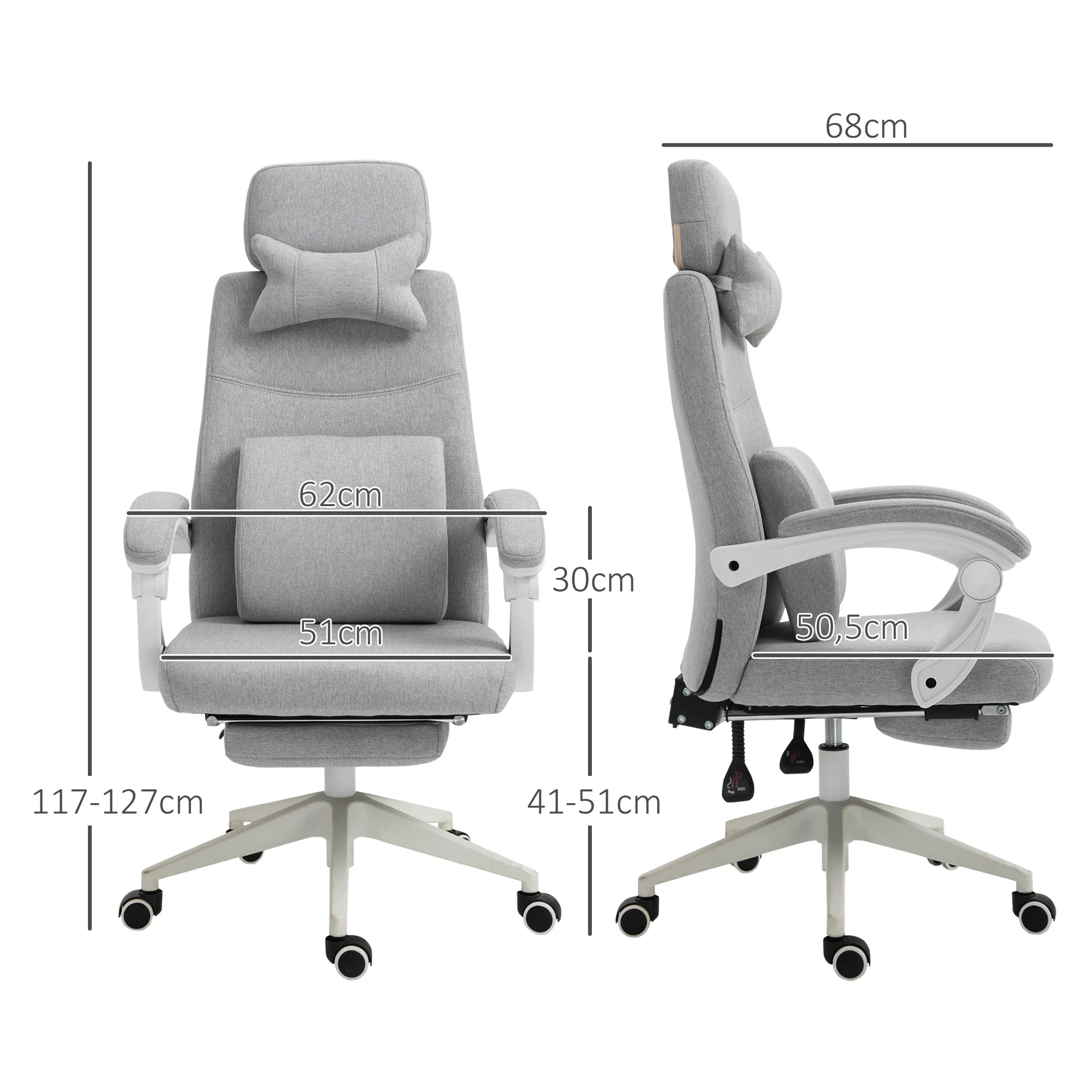 Fauteuil de bureau chaise de bureau grand confort dossier réglable repose-pied roulettes 360° lin 62 x 68 x 127 cm gris - Image 4