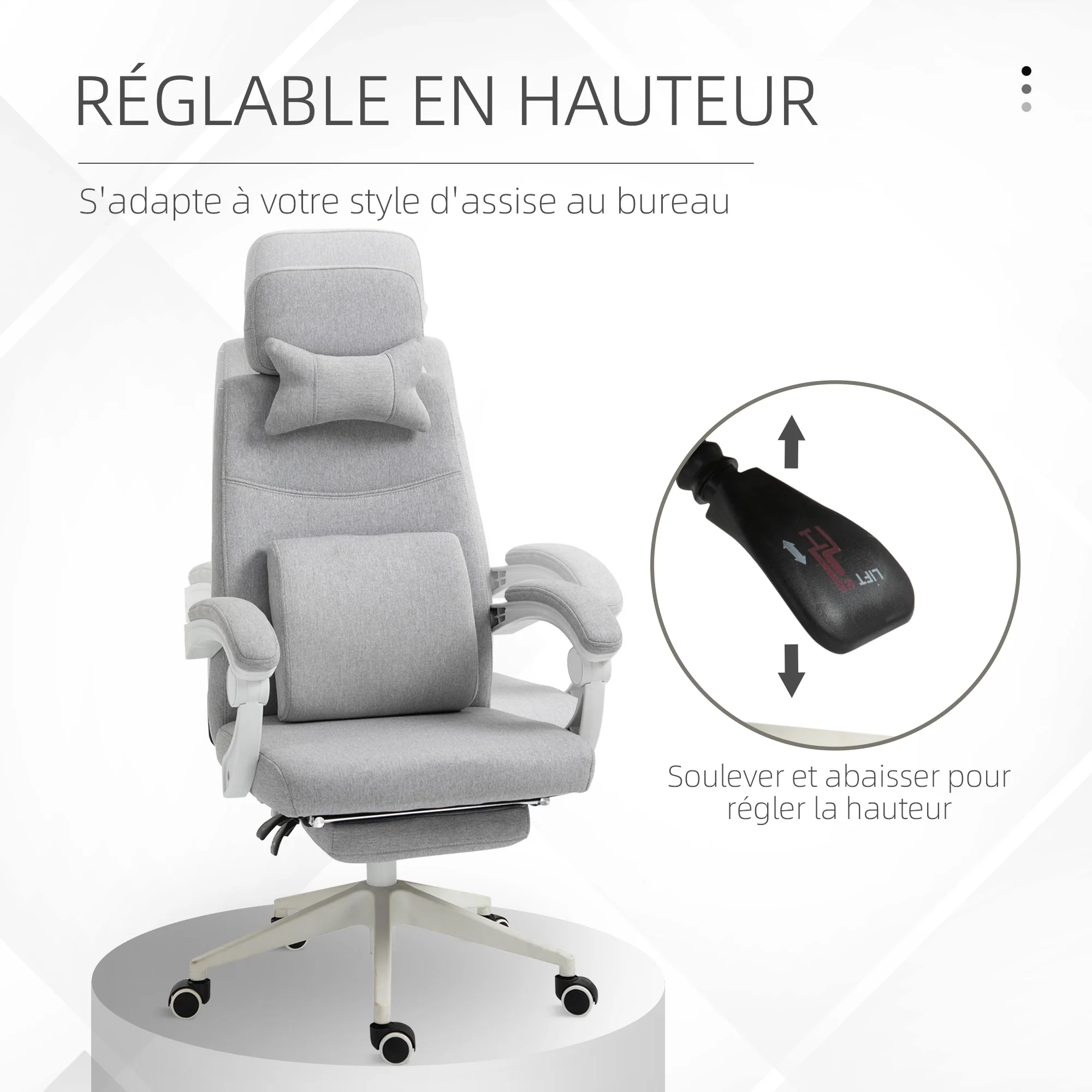 Fauteuil de bureau chaise de bureau grand confort dossier réglable repose-pied roulettes 360° lin 62 x 68 x 127 cm gris - Image 5