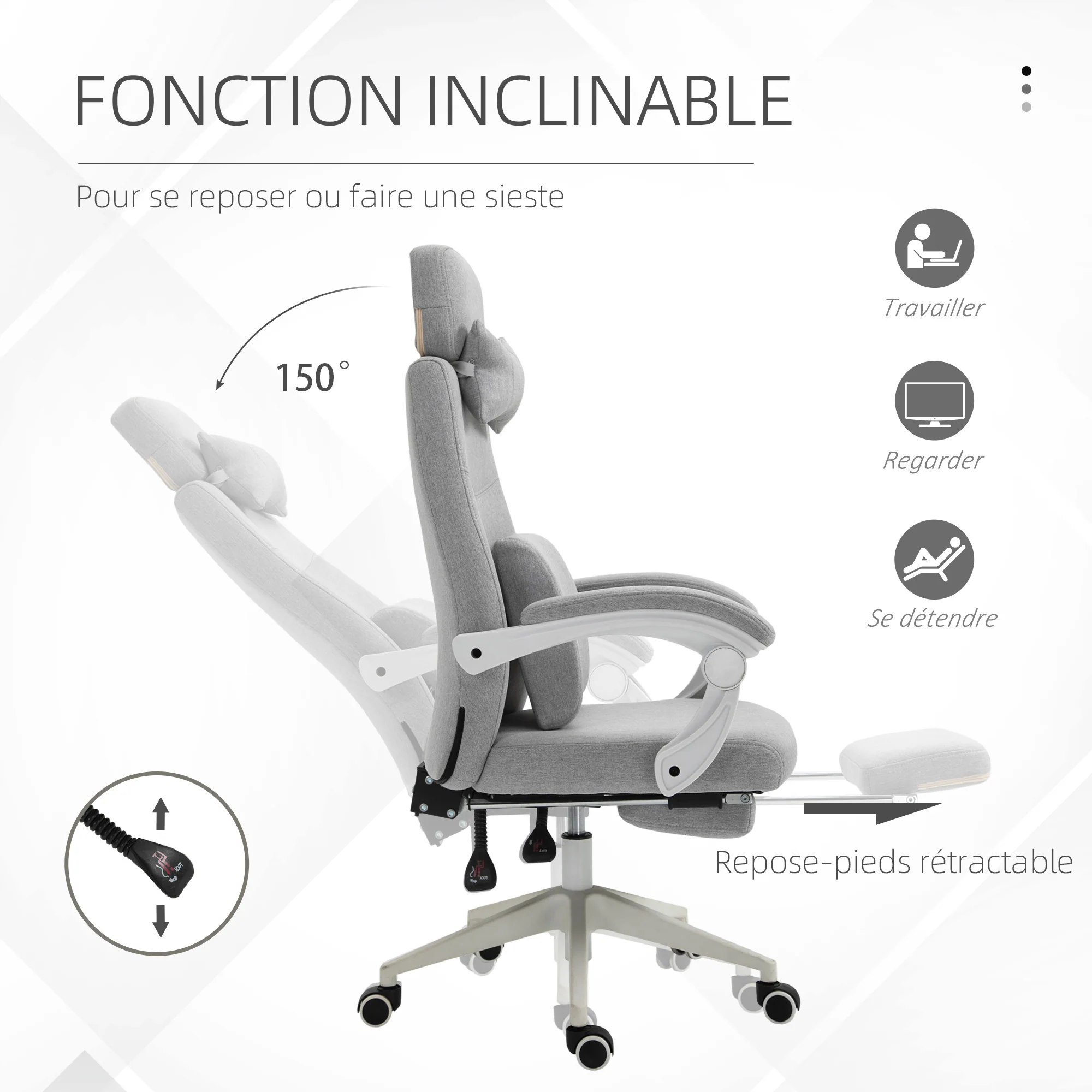 Fauteuil de bureau chaise de bureau grand confort dossier réglable repose-pied roulettes 360° lin 62 x 68 x 127 cm gris - Image 6