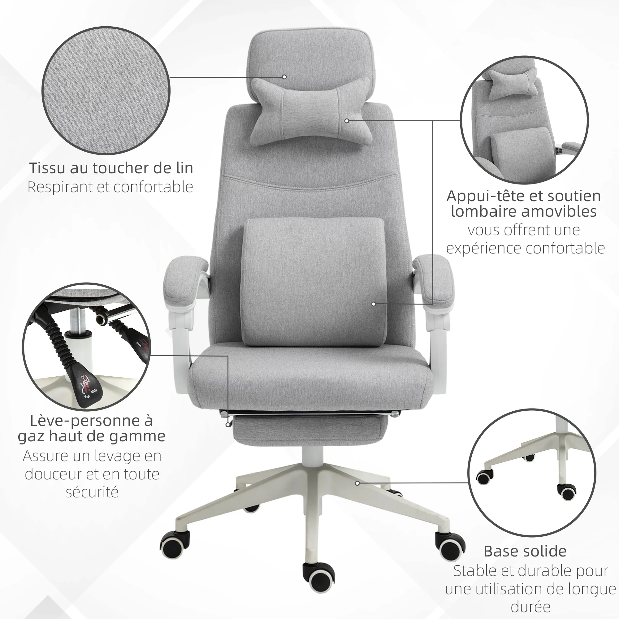 Fauteuil de bureau chaise de bureau grand confort dossier réglable repose-pied roulettes 360° lin 62 x 68 x 127 cm gris - Image 7