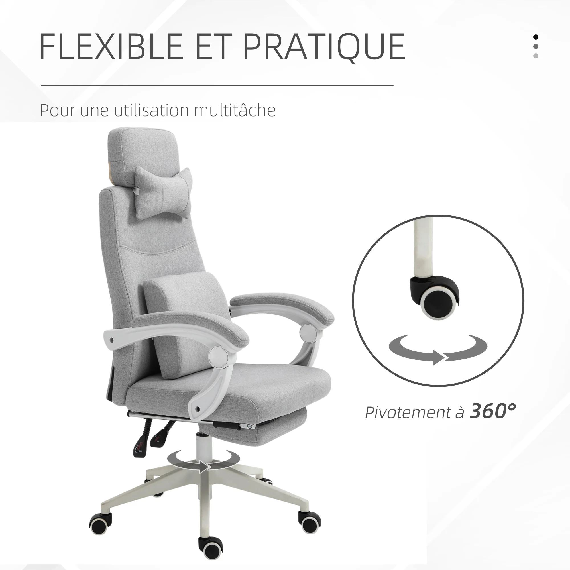 Fauteuil de bureau chaise de bureau grand confort dossier réglable repose-pied roulettes 360° lin 62 x 68 x 127 cm gris - Image 8
