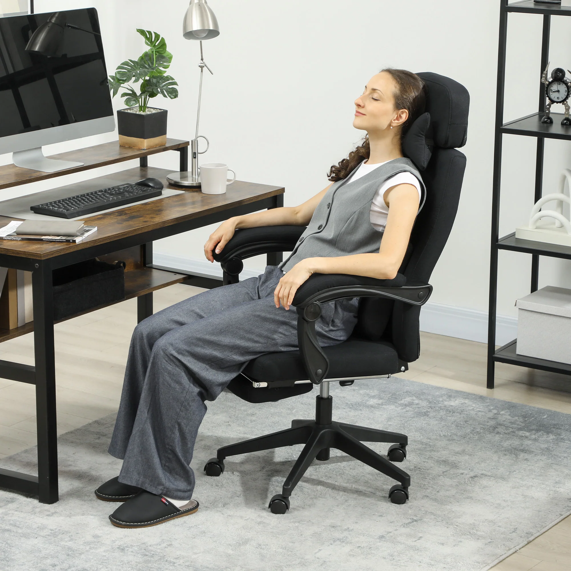 Fauteuil de bureau chaise de bureau grand confort dossier réglable repose-pied roulettes 360° lin 62 x 68 x 127 cm noir - Image 3