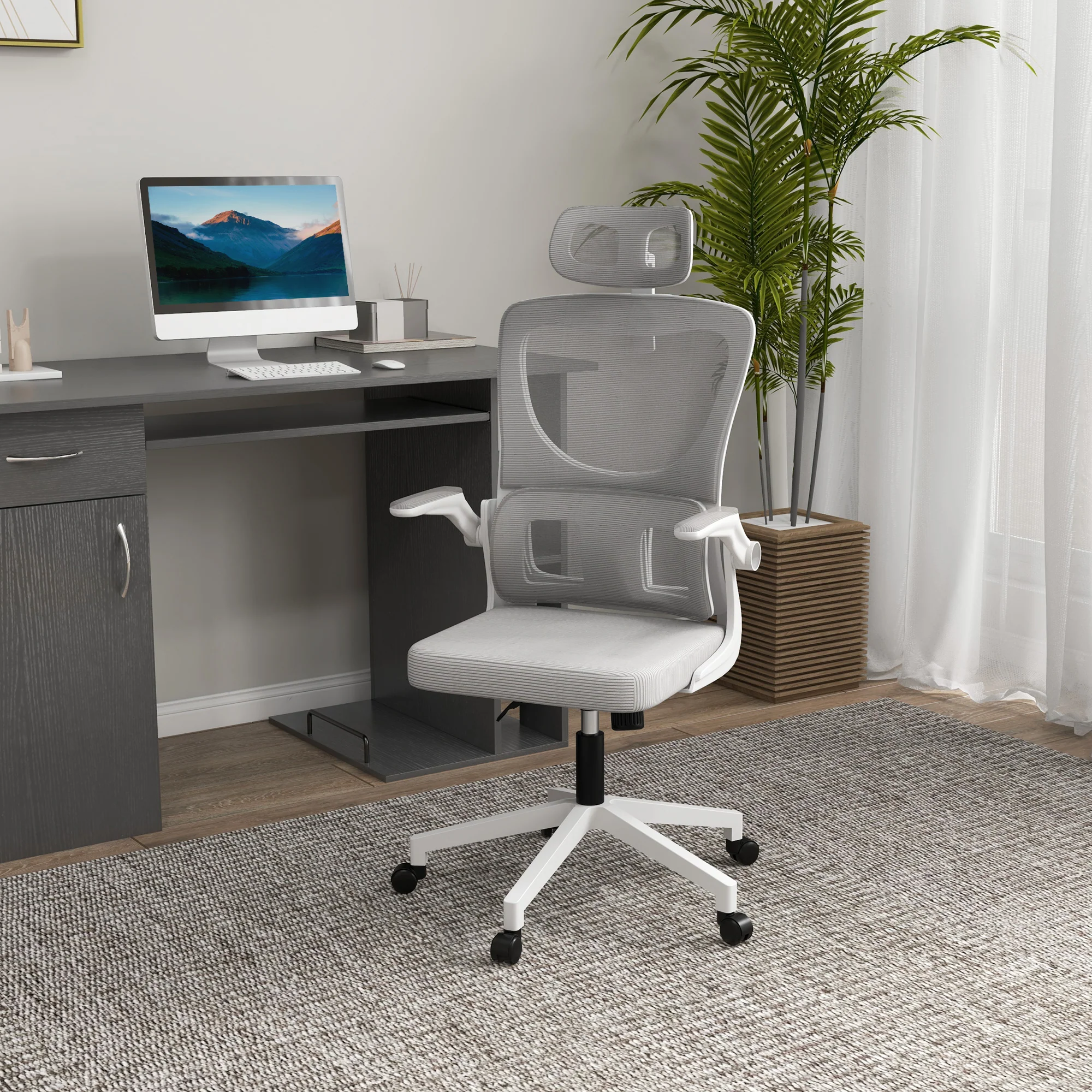 Fauteuil de bureau, chaise ergonomique, maille respirant, accoudoirs relevables, pivotant, appui-tête réglable et support lombaire, hauteur d'assise réglable, gris - Image 3