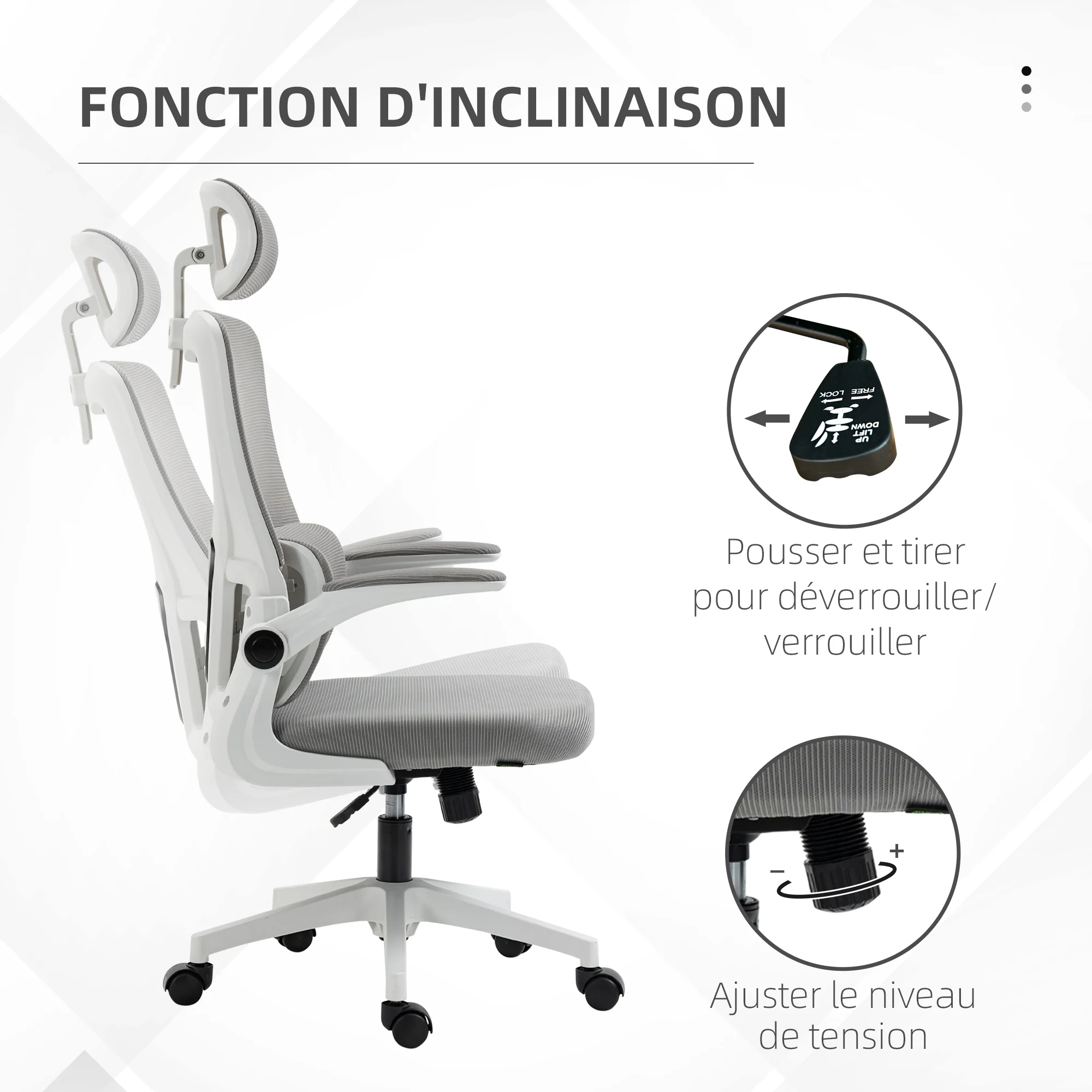 Fauteuil de bureau, chaise ergonomique, maille respirant, accoudoirs relevables, pivotant, appui-tête réglable et support lombaire, hauteur d'assise réglable, gris - Image 6