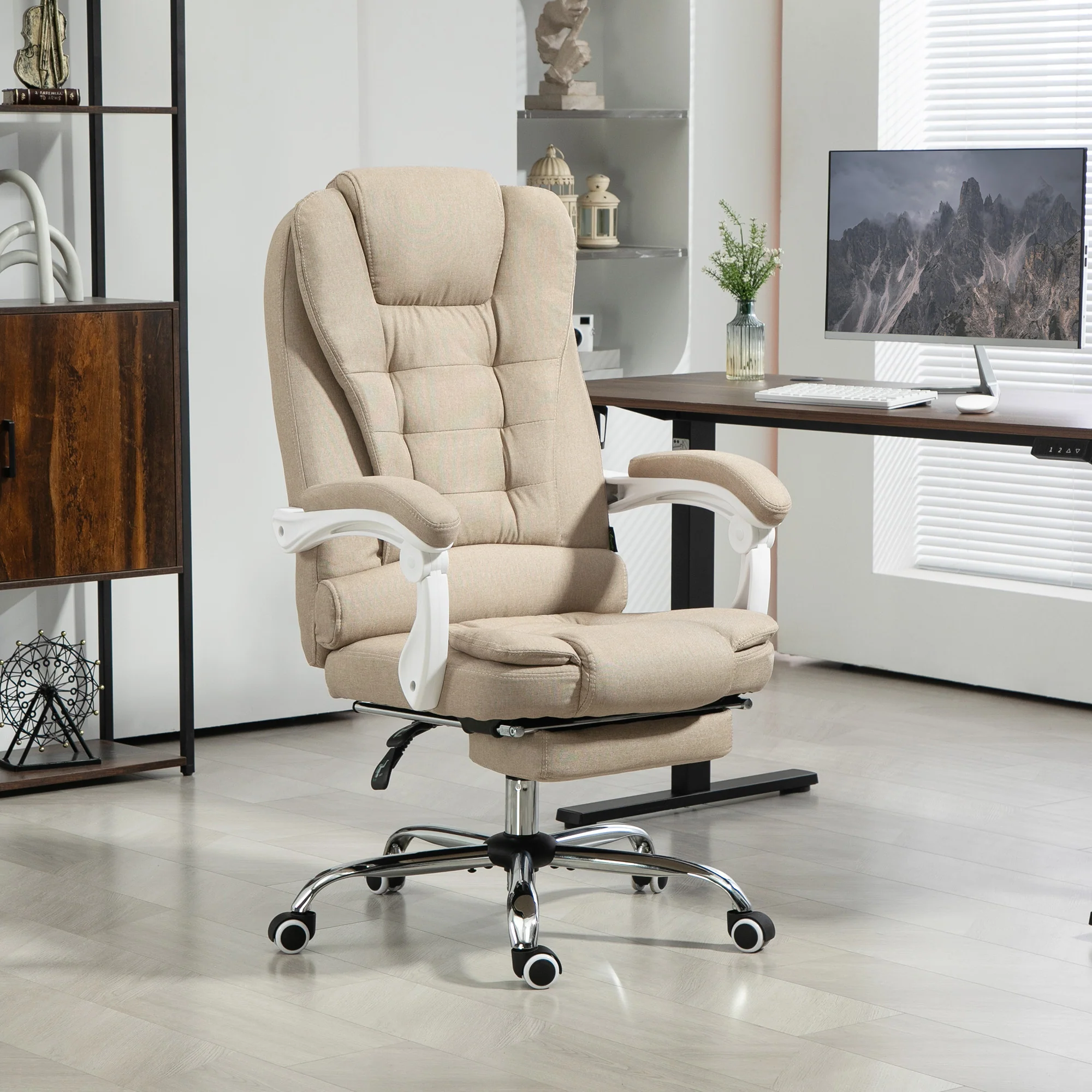 Fauteuil de bureau ergonomique, chaise de bureau avec repose-pied, dossier inclinable, accoudoirs rembourrés, en tissu aspect lin beige - Image 3