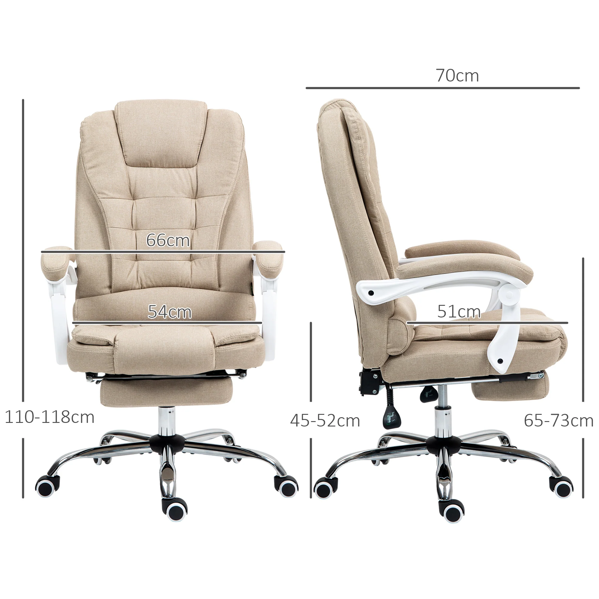 Fauteuil de bureau ergonomique, chaise de bureau avec repose-pied, dossier inclinable, accoudoirs rembourrés, en tissu aspect lin beige - Image 4