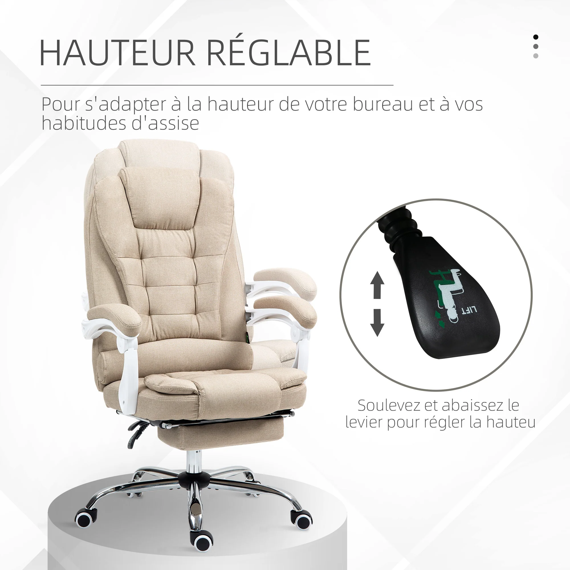 Fauteuil de bureau ergonomique, chaise de bureau avec repose-pied, dossier inclinable, accoudoirs rembourrés, en tissu aspect lin beige - Image 5
