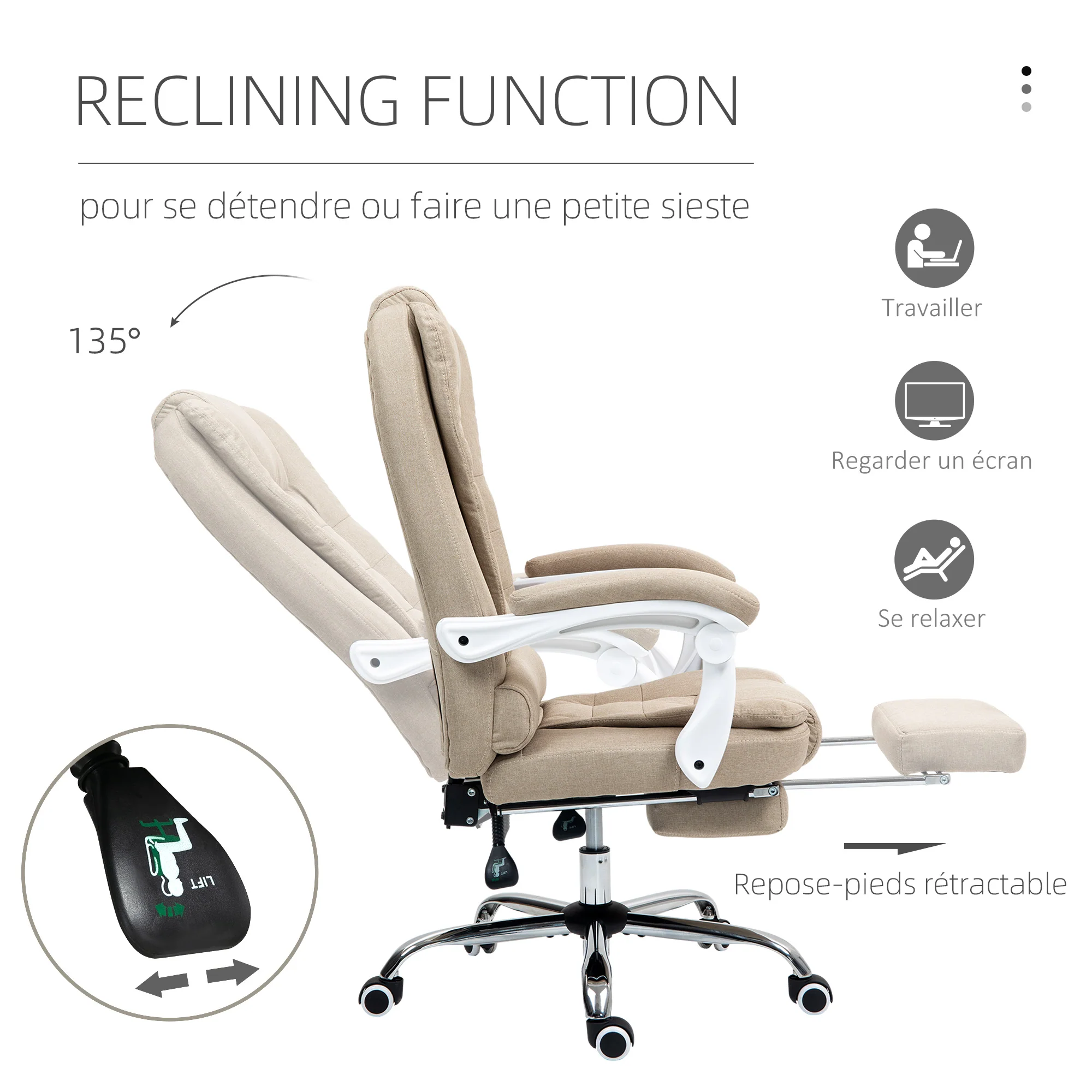 Fauteuil de bureau ergonomique, chaise de bureau avec repose-pied, dossier inclinable, accoudoirs rembourrés, en tissu aspect lin beige - Image 6
