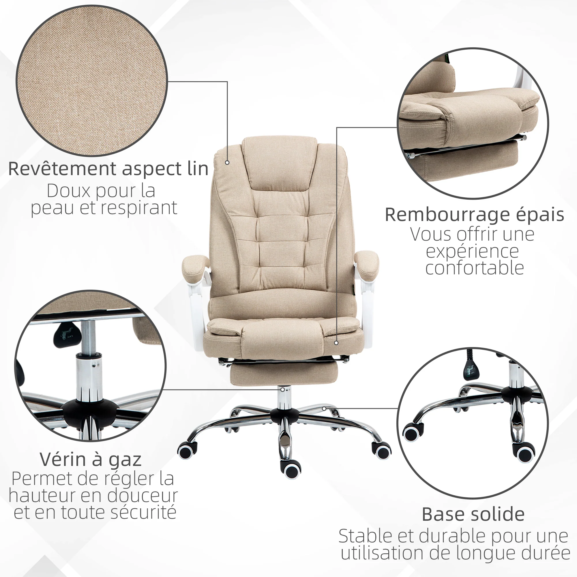 Fauteuil de bureau ergonomique, chaise de bureau avec repose-pied, dossier inclinable, accoudoirs rembourrés, en tissu aspect lin beige - Image 7