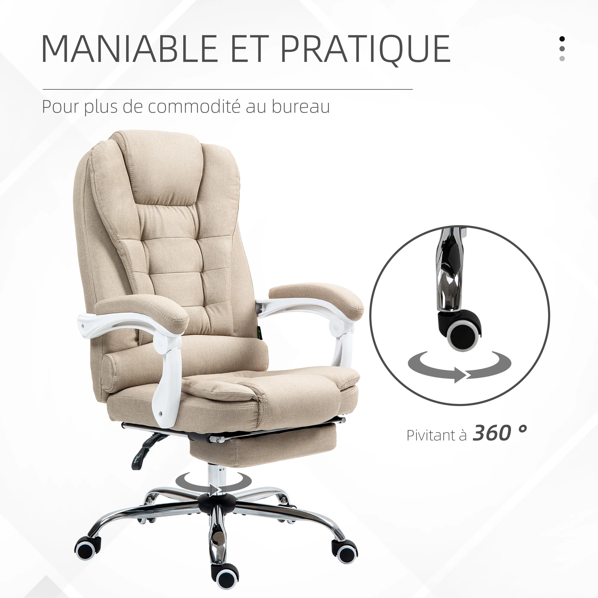 Fauteuil de bureau ergonomique, chaise de bureau avec repose-pied, dossier inclinable, accoudoirs rembourrés, en tissu aspect lin beige - Image 8