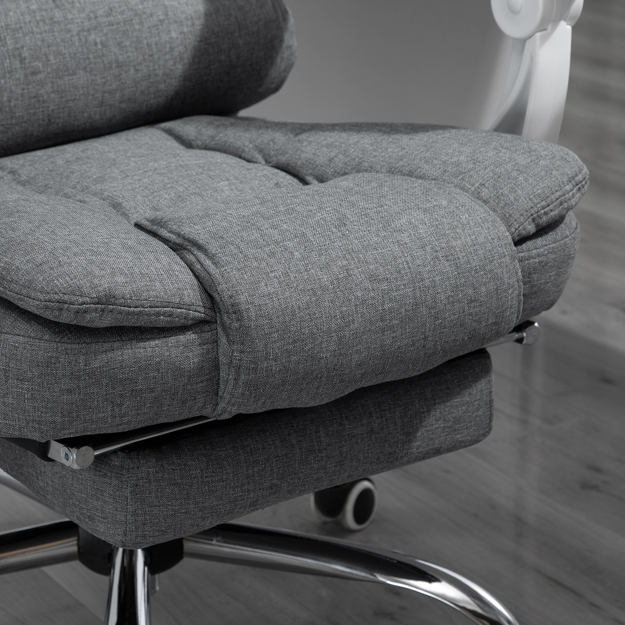 Fauteuil de bureau ergonomique, chaise de bureau avec repose-pied, dossier inclinable, accoudoirs rembourrés, en tissu aspect lin gris - Image 10
