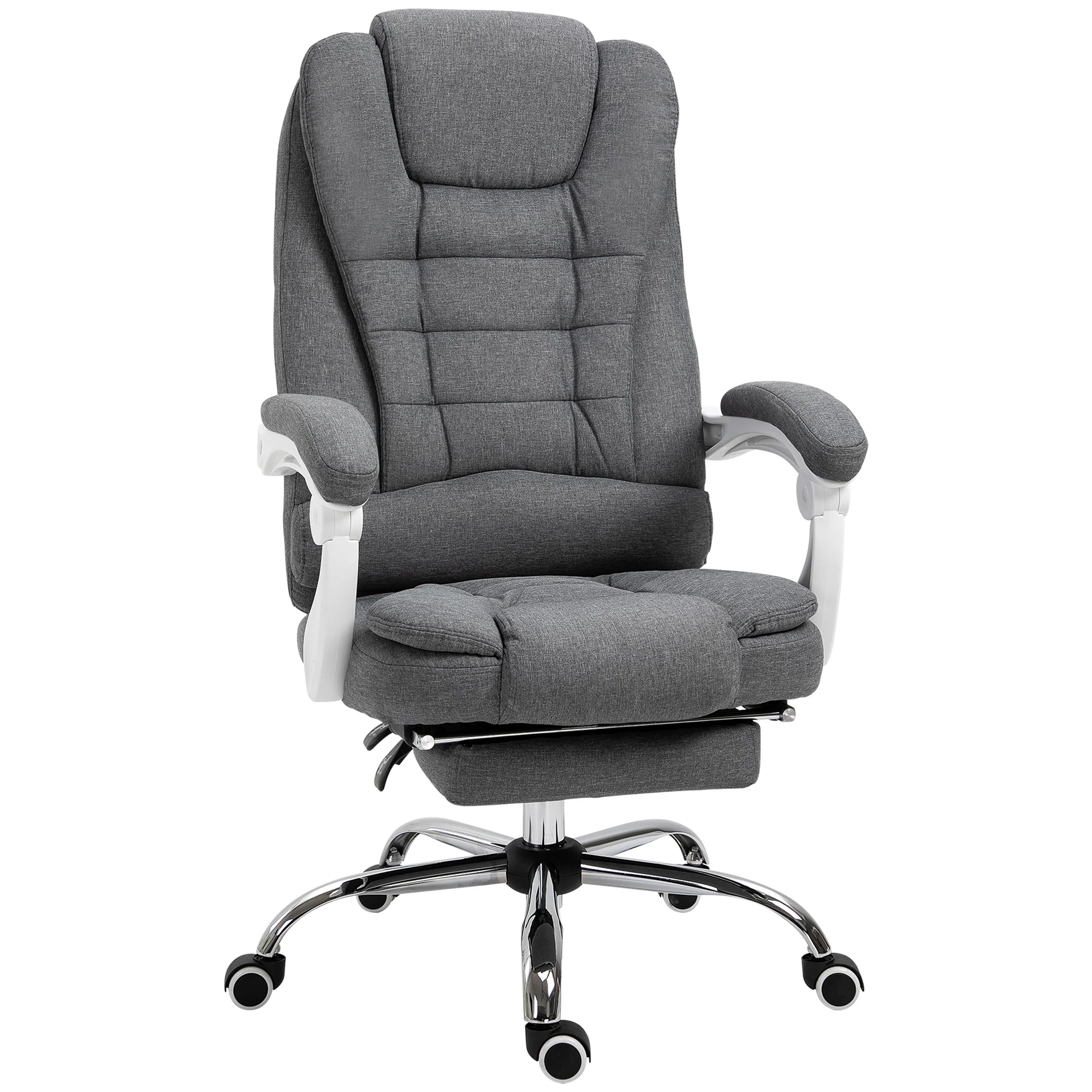 Fauteuil de bureau ergonomique, chaise de bureau avec repose-pied, dossier inclinable, accoudoirs rembourrés, en tissu aspect lin gris - Image 11