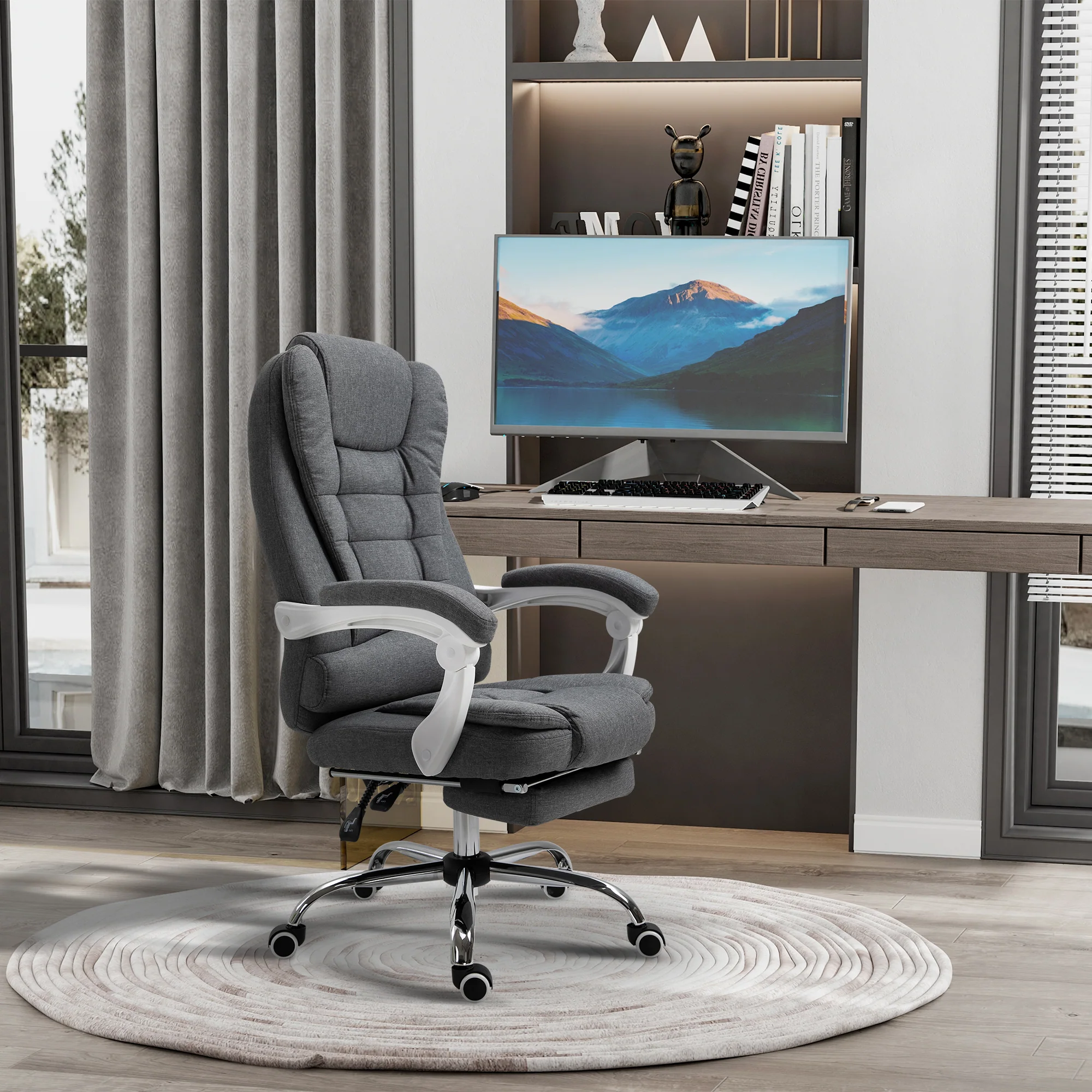Fauteuil de bureau ergonomique, chaise de bureau avec repose-pied, dossier inclinable, accoudoirs rembourrés, en tissu aspect lin gris - Image 3