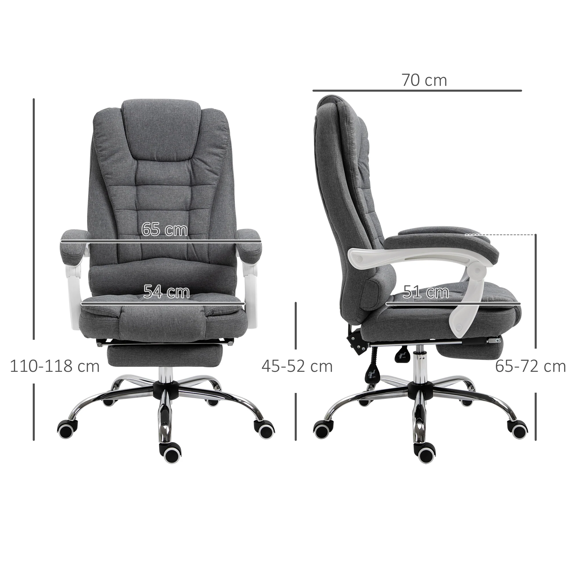Fauteuil de bureau ergonomique, chaise de bureau avec repose-pied, dossier inclinable, accoudoirs rembourrés, en tissu aspect lin gris - Image 4