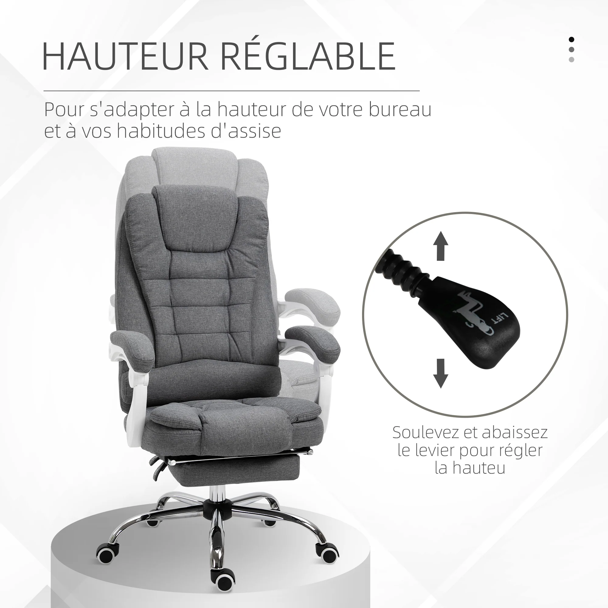 Fauteuil de bureau ergonomique, chaise de bureau avec repose-pied, dossier inclinable, accoudoirs rembourrés, en tissu aspect lin gris - Image 5