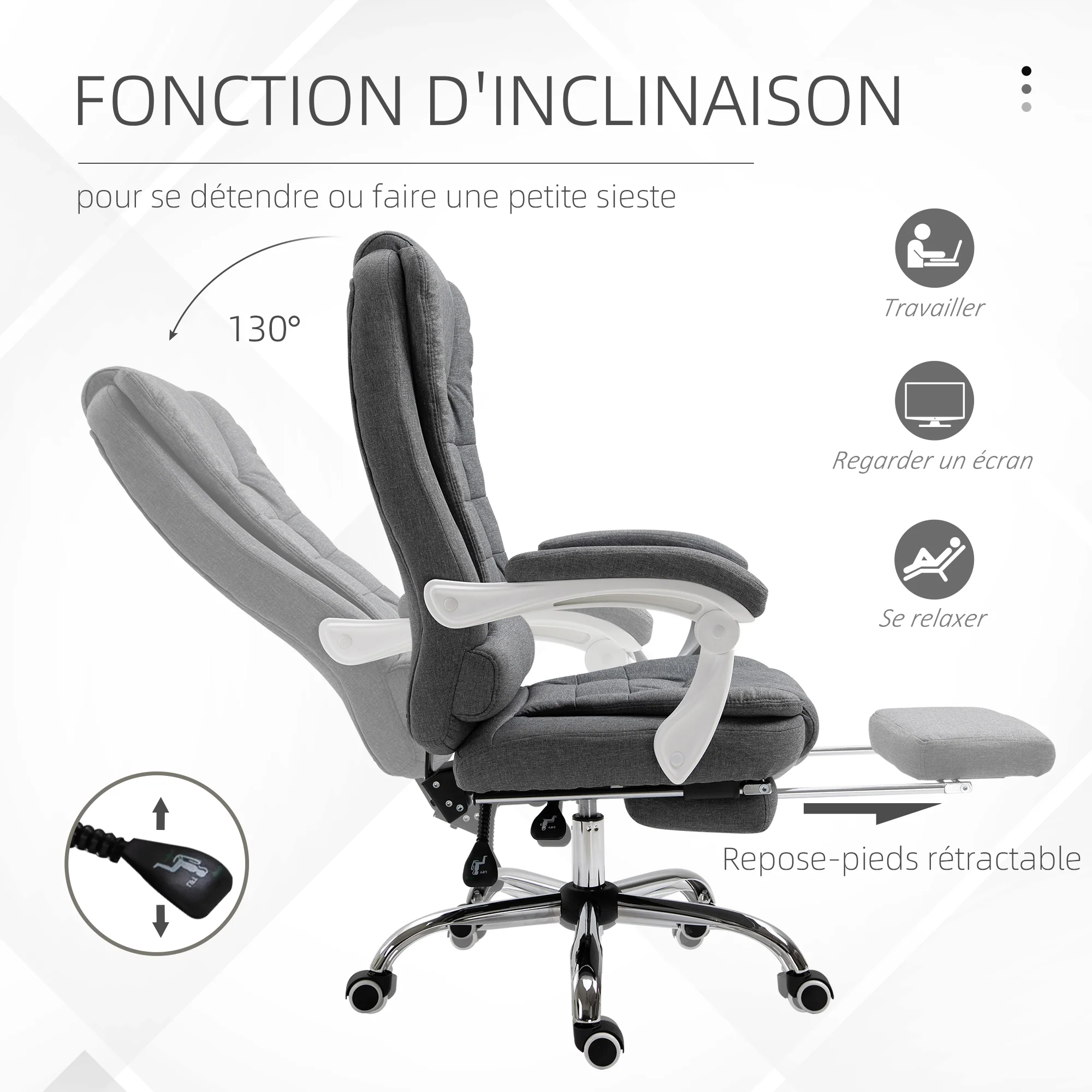 Fauteuil de bureau ergonomique, chaise de bureau avec repose-pied, dossier inclinable, accoudoirs rembourrés, en tissu aspect lin gris - Image 6