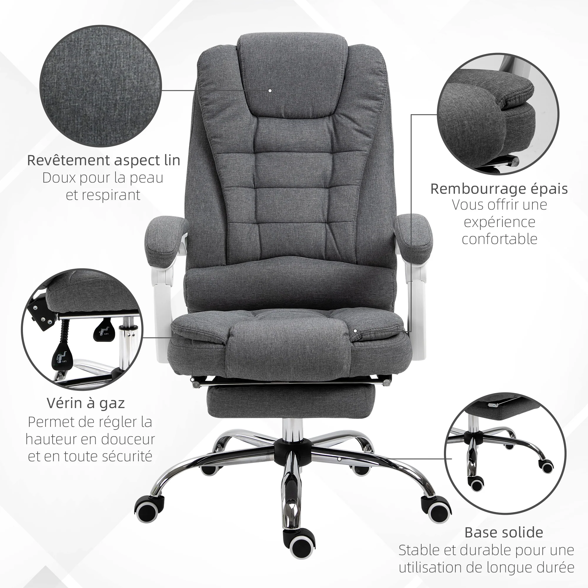 Fauteuil de bureau ergonomique, chaise de bureau avec repose-pied, dossier inclinable, accoudoirs rembourrés, en tissu aspect lin gris - Image 7