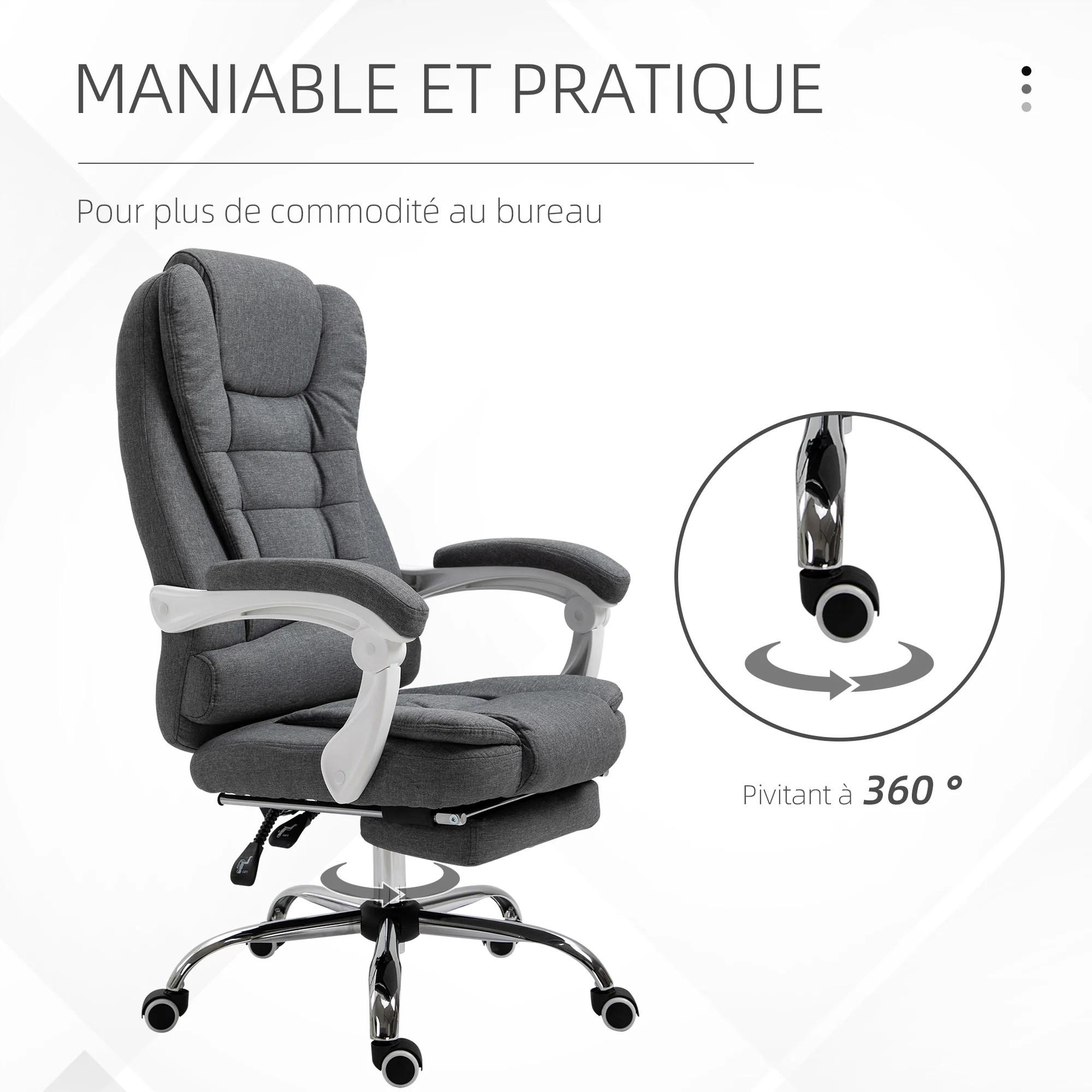 Fauteuil de bureau ergonomique, chaise de bureau avec repose-pied, dossier inclinable, accoudoirs rembourrés, en tissu aspect lin gris - Image 8