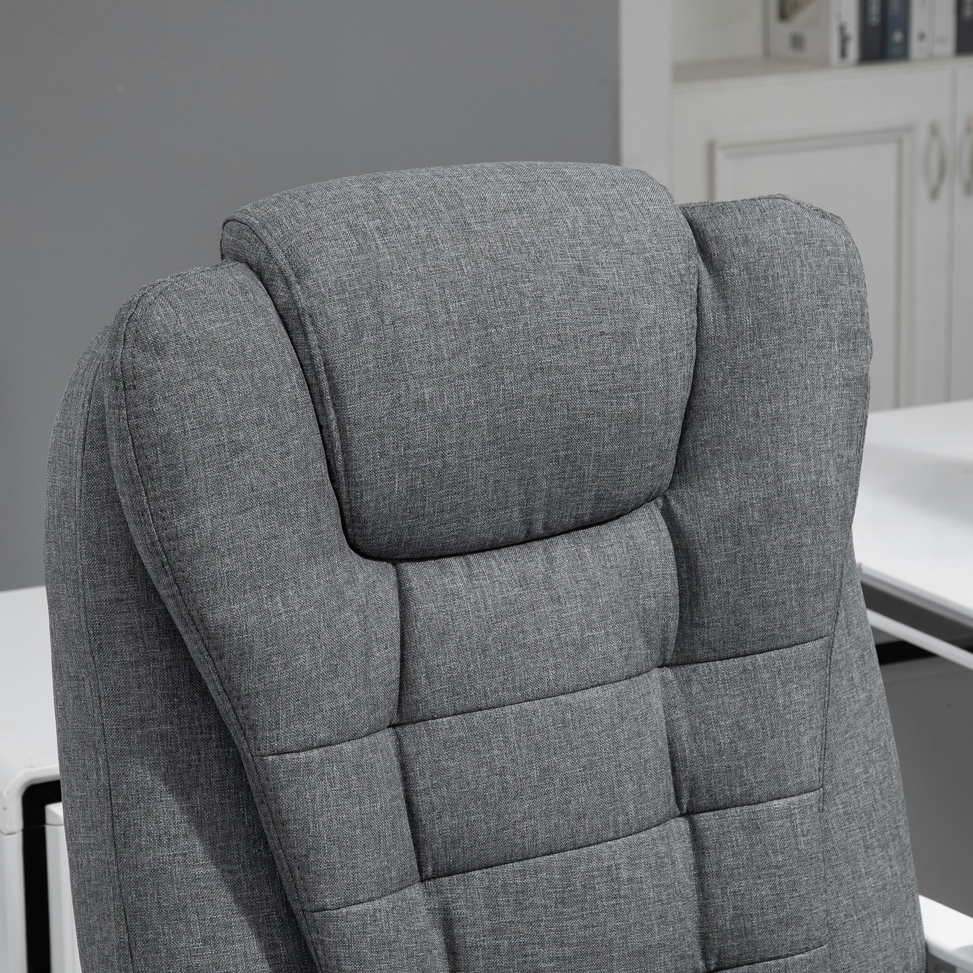 Fauteuil de bureau ergonomique, chaise de bureau avec repose-pied, dossier inclinable, accoudoirs rembourrés, en tissu aspect lin gris - Image 9